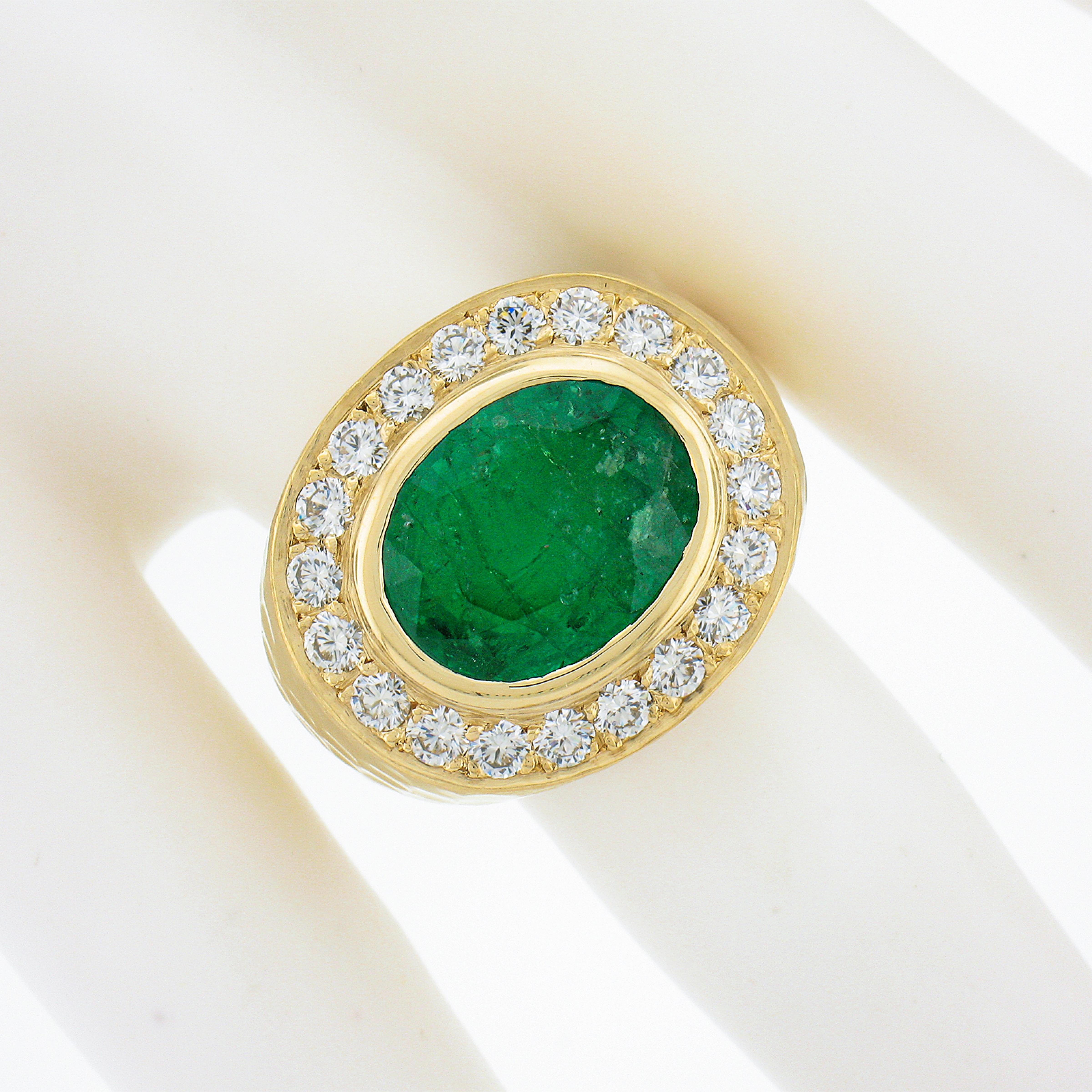 Oval Cut New 18k Gold 7.70ct GIA Oval Bezel Emerald & Diamond Hammered Wide Cocktail Ring For Sale