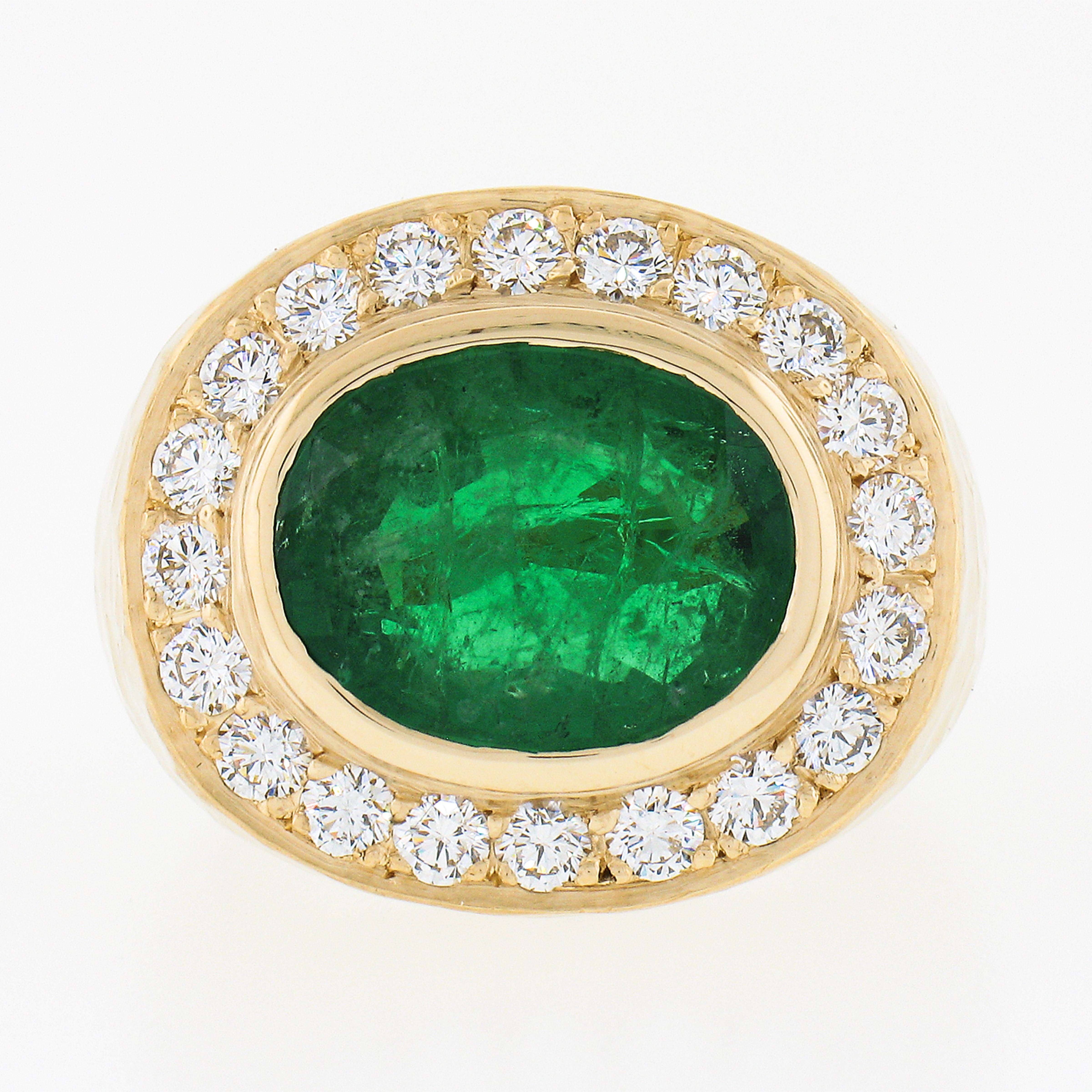 New 18k Gold 7.70ct GIA Oval Bezel Emerald & Diamond Hammered Wide Cocktail Ring In New Condition For Sale In Montclair, NJ