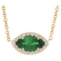 NEW 18k Gold .78ct GIA Marquise Emerald Solitaire Diamond Halo Pendant Necklace