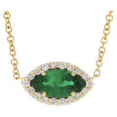 NEW 18k Gold .78ct GIA Marquise Emerald Solitaire Diamond Halo Pendant Necklace