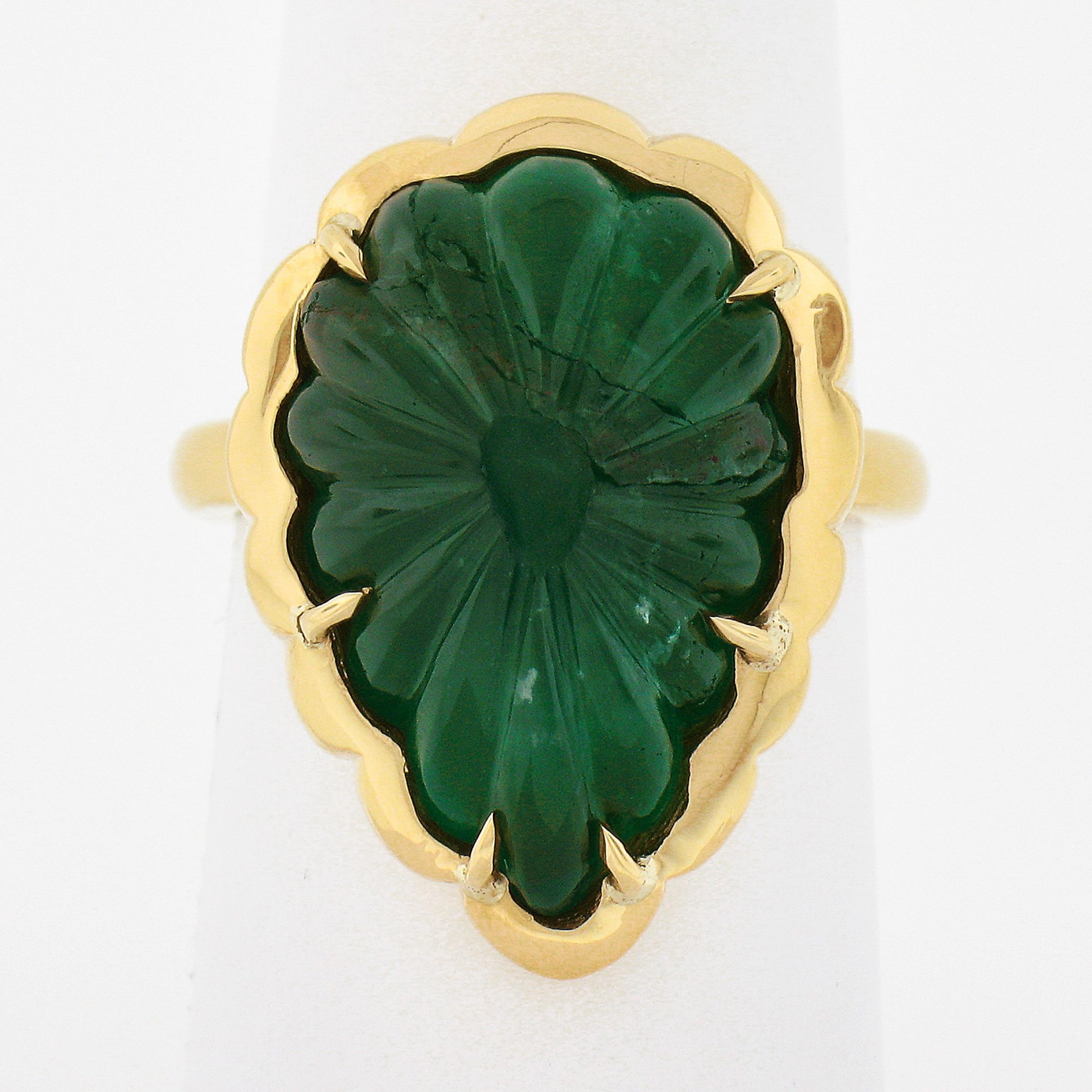 Pear Cut NEW 18K Gold 9.99ctw GIA Carved Scalloped Pear Cabochon Emerald Cocktail Ring For Sale