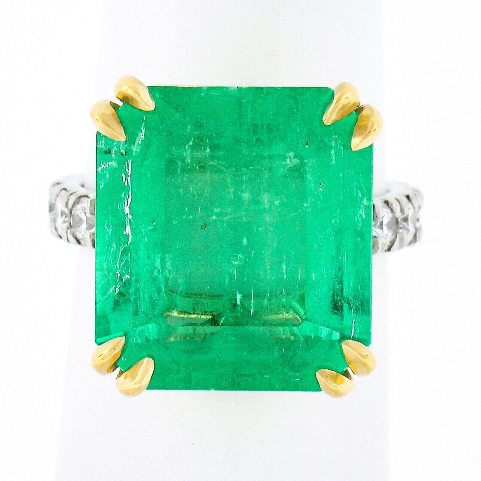 This brand new gorgeous, AGL certified, emerald and diamond cocktail ring was crafted from solid 18k yellow and white gold. It features a breathtaking, natural, emerald that is neatly dual claw prong set at the center, displaying a large size and is