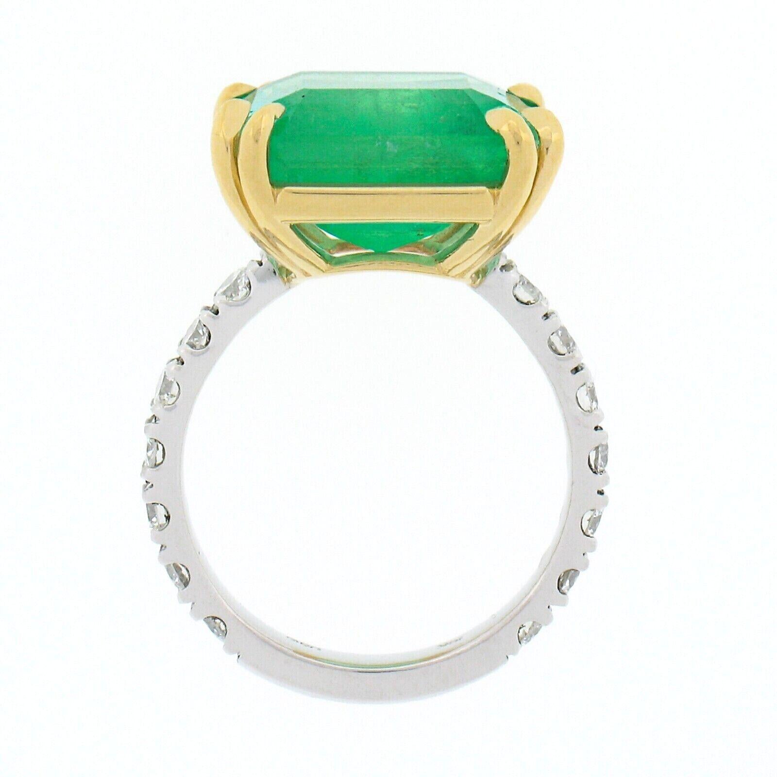 New 18k Gold AGL 10.54ct Colombian Emerald Cocktail Ring w/ Pave Diamond Shank For Sale 1
