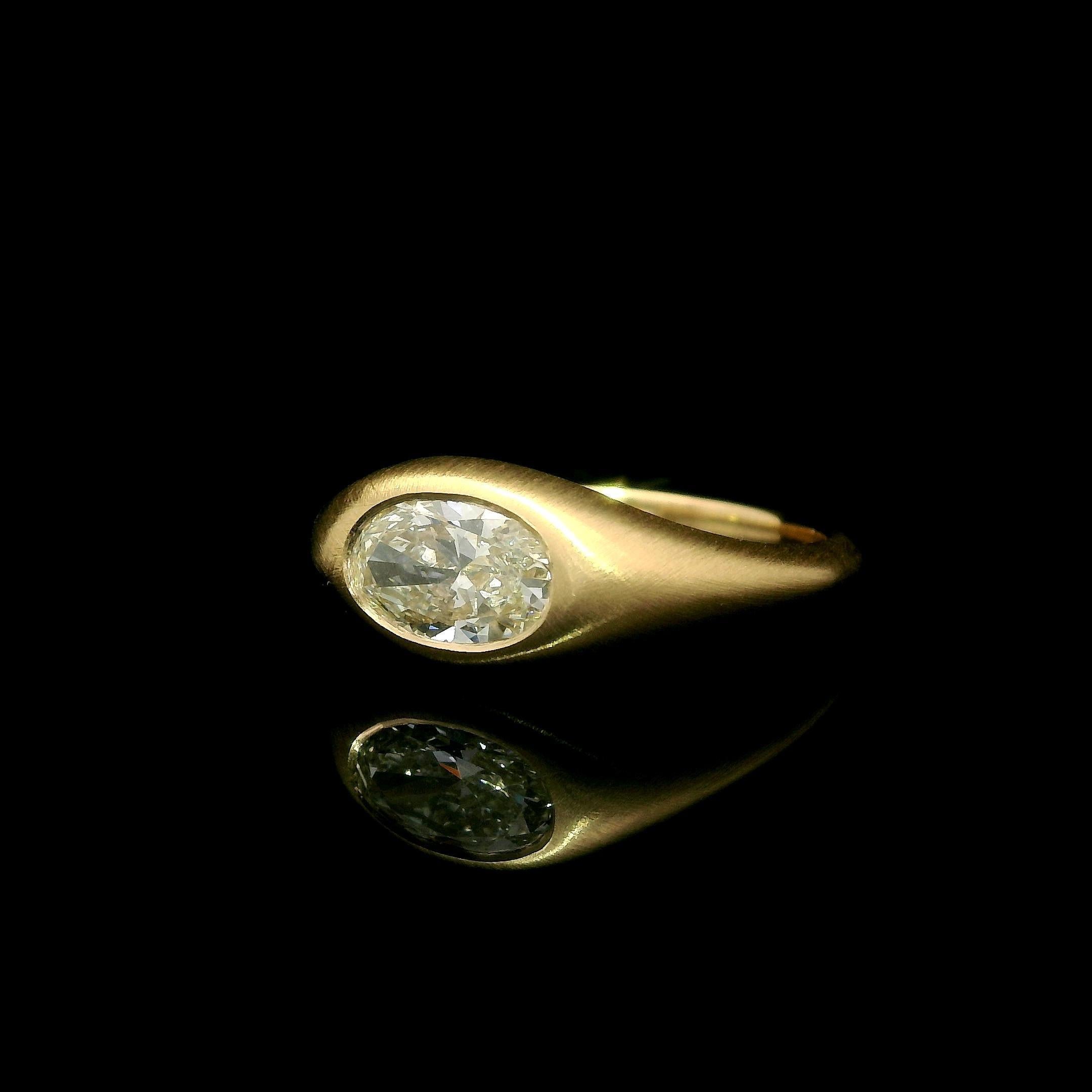 Oval Cut New 18k Gold GIA 1.01ct Oval Diamond Solitaire Brushed Low Profile Band Ring For Sale