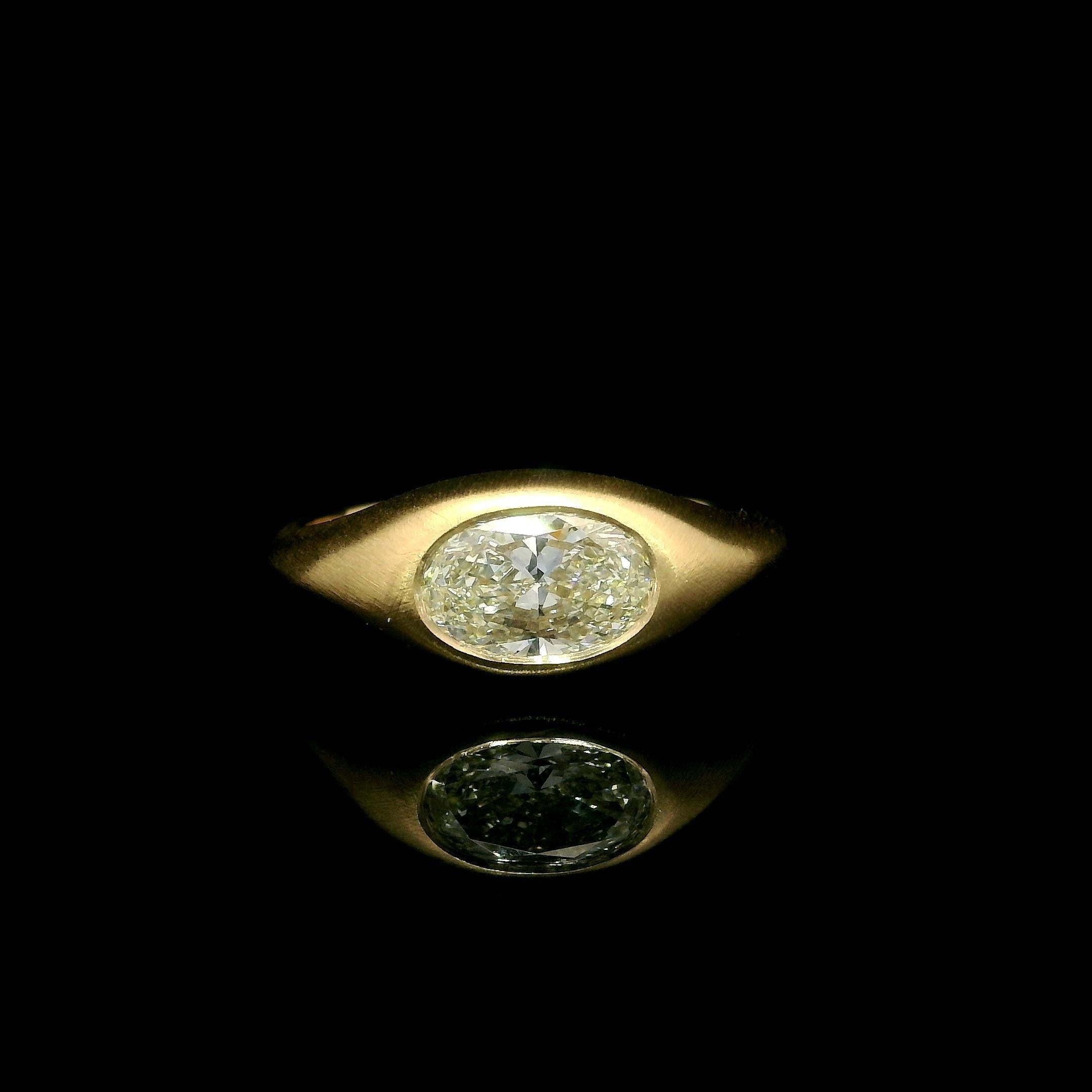Women's New 18k Gold GIA 1.01ct Oval Diamond Solitaire Brushed Low Profile Band Ring For Sale