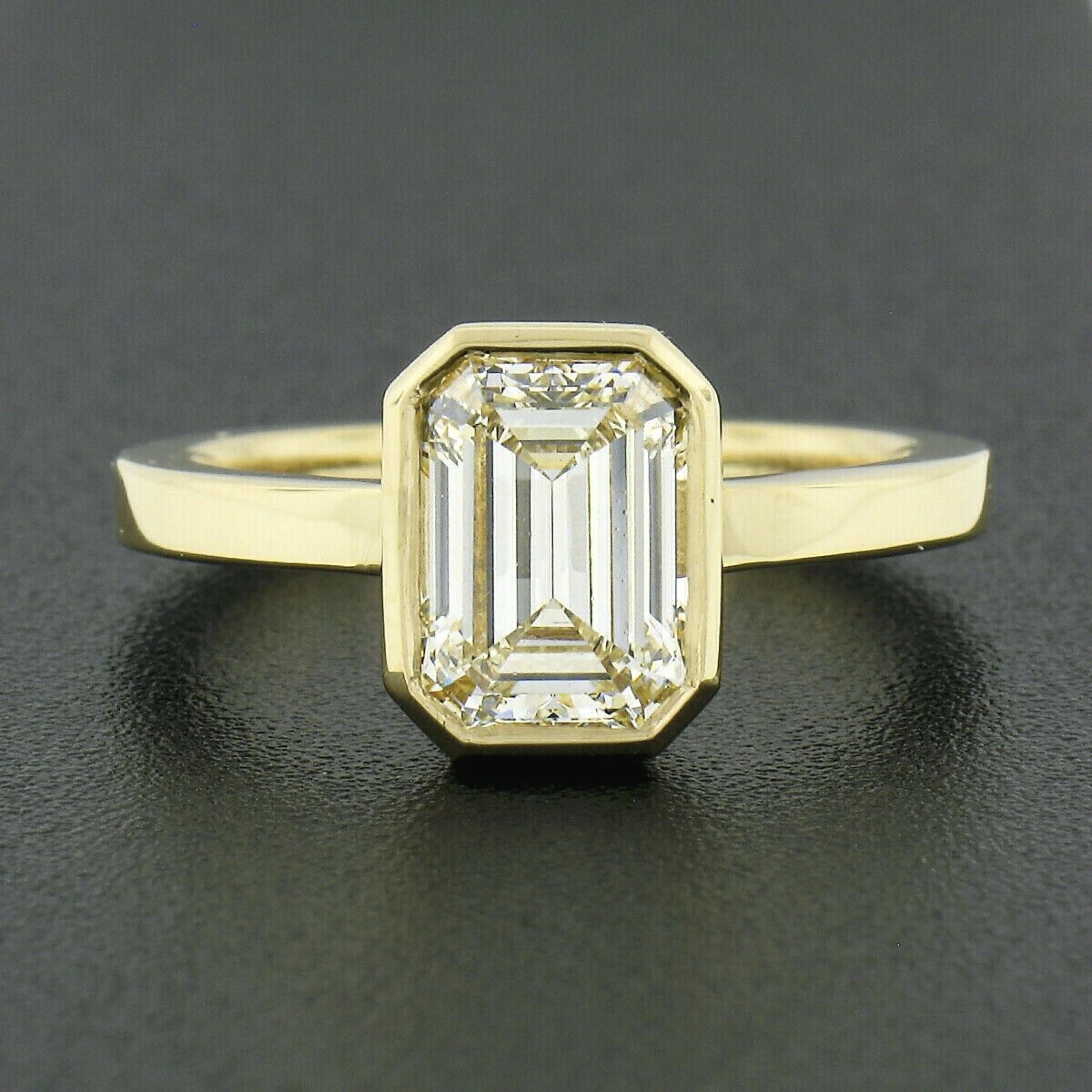 New 18k Gold GIA 1.80ct Emerald Cut Bezel Set Diamond Solitaire Engagement Ring at 1stDibs