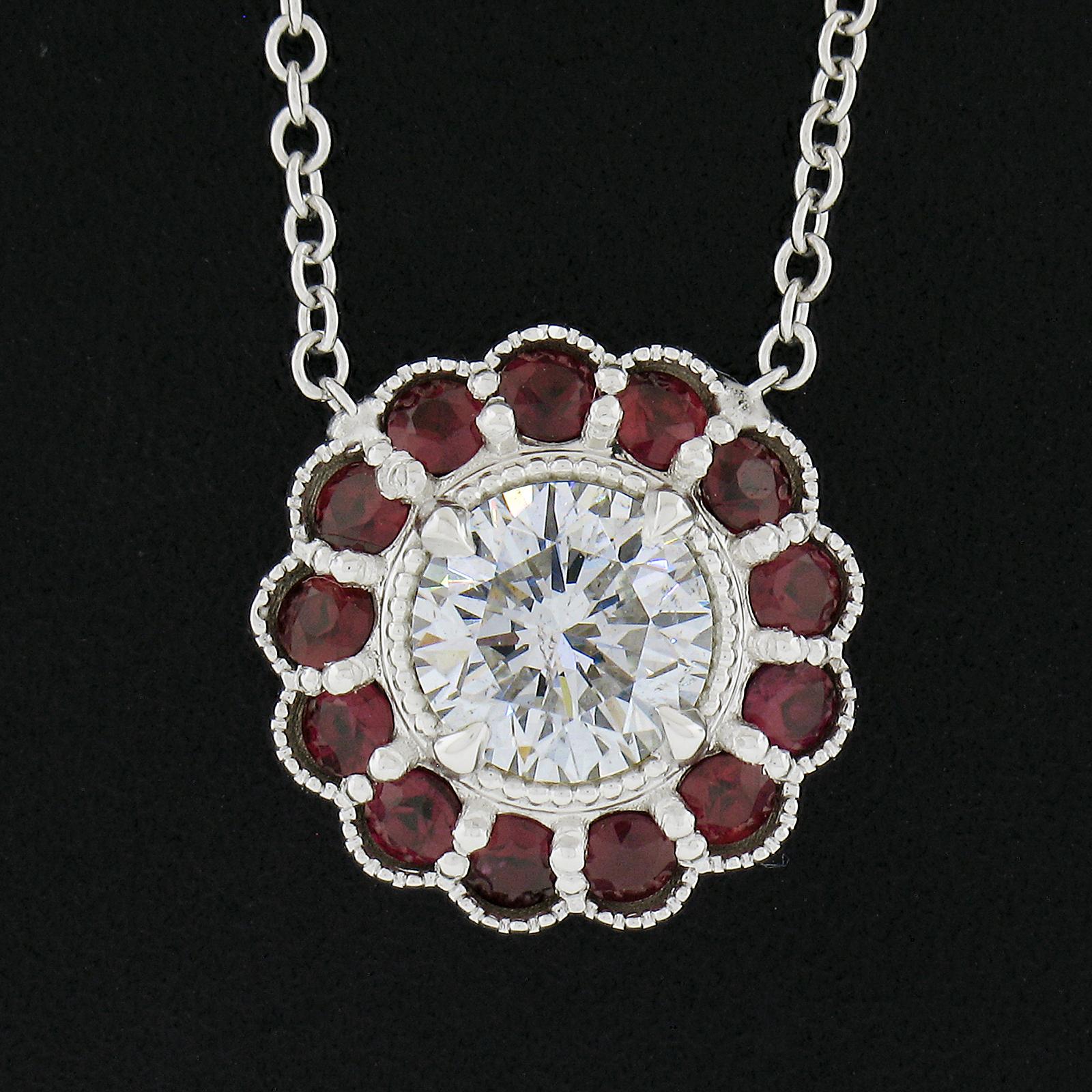 New 18K Gold GIA Brilliant Diamond & Ruby Halo Floral Slide Pendant Necklace In New Condition For Sale In Montclair, NJ