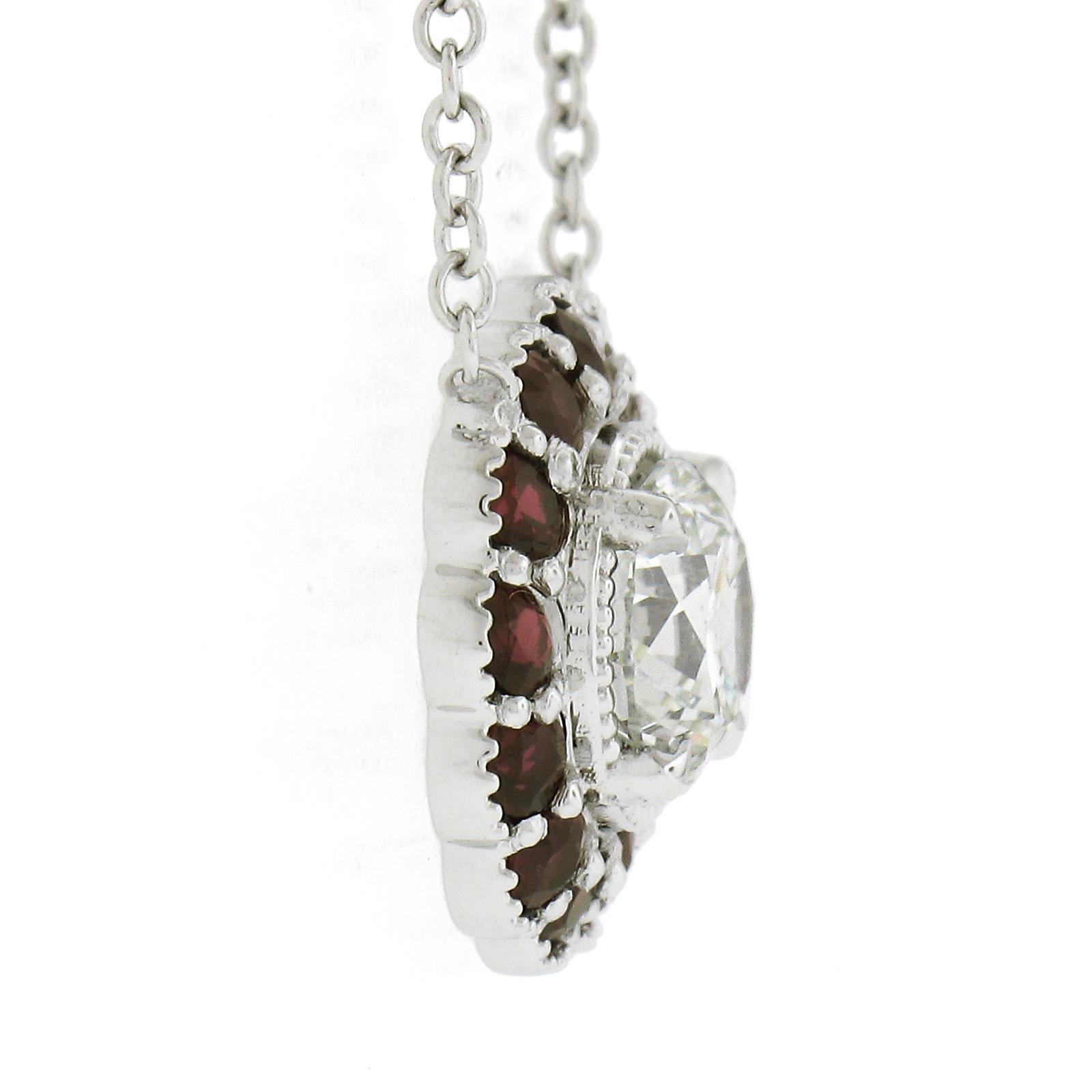 Women's New 18K Gold GIA Brilliant Diamond & Ruby Halo Floral Slide Pendant Necklace For Sale