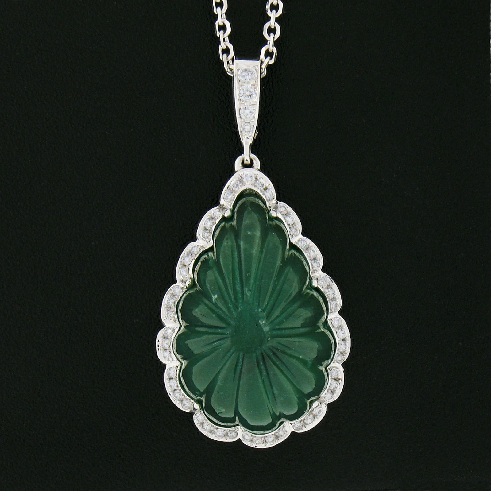 New 18k Gold GIA Carved Pear Cabochon Emerald Diamond Scalloped Pendant & Chain In New Condition For Sale In Montclair, NJ