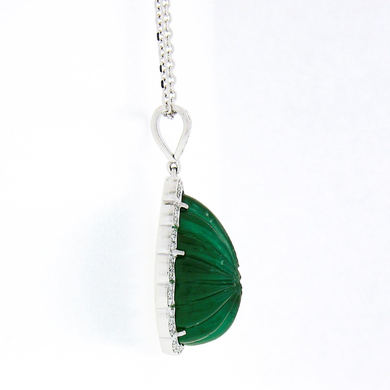 Women's New 18k Gold GIA Carved Pear Cabochon Emerald Diamond Scalloped Pendant & Chain For Sale