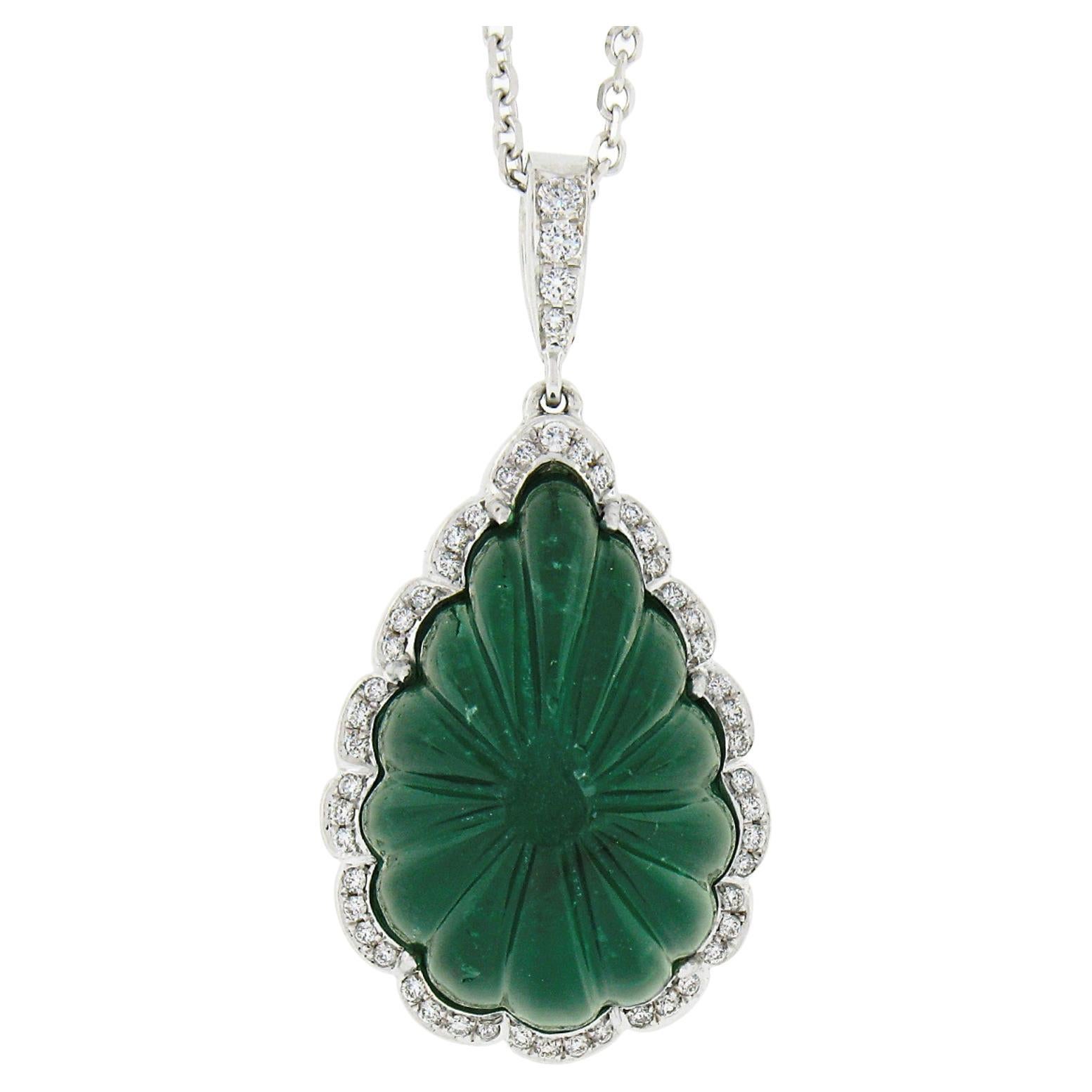 New 18k Gold GIA Carved Pear Cabochon Emerald Diamond Scalloped Pendant & Chain For Sale