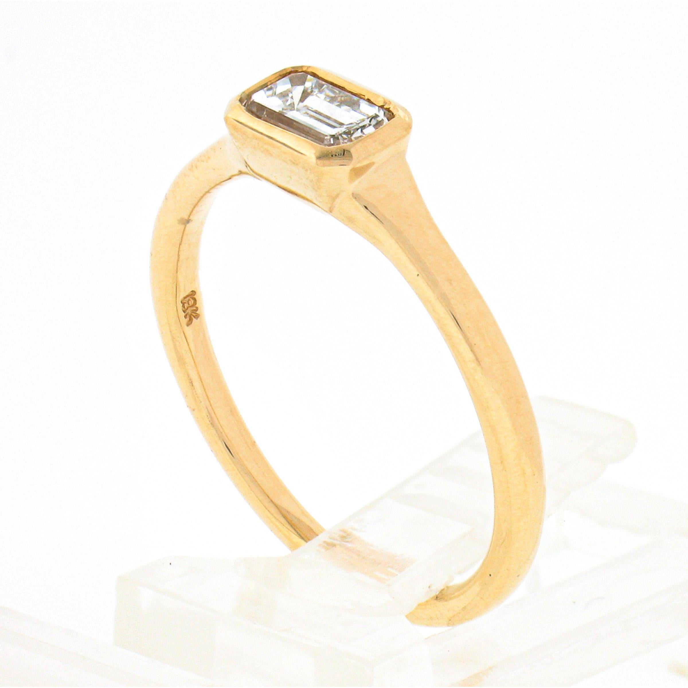 NEW 18k Gold GIA Emerald Cut Sideways Bezel Diamond Solitaire Engagement Ring For Sale 4