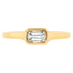 NEW 18k Gold GIA Emerald Cut Sideways Bezel Diamond Solitaire Engagement Ring