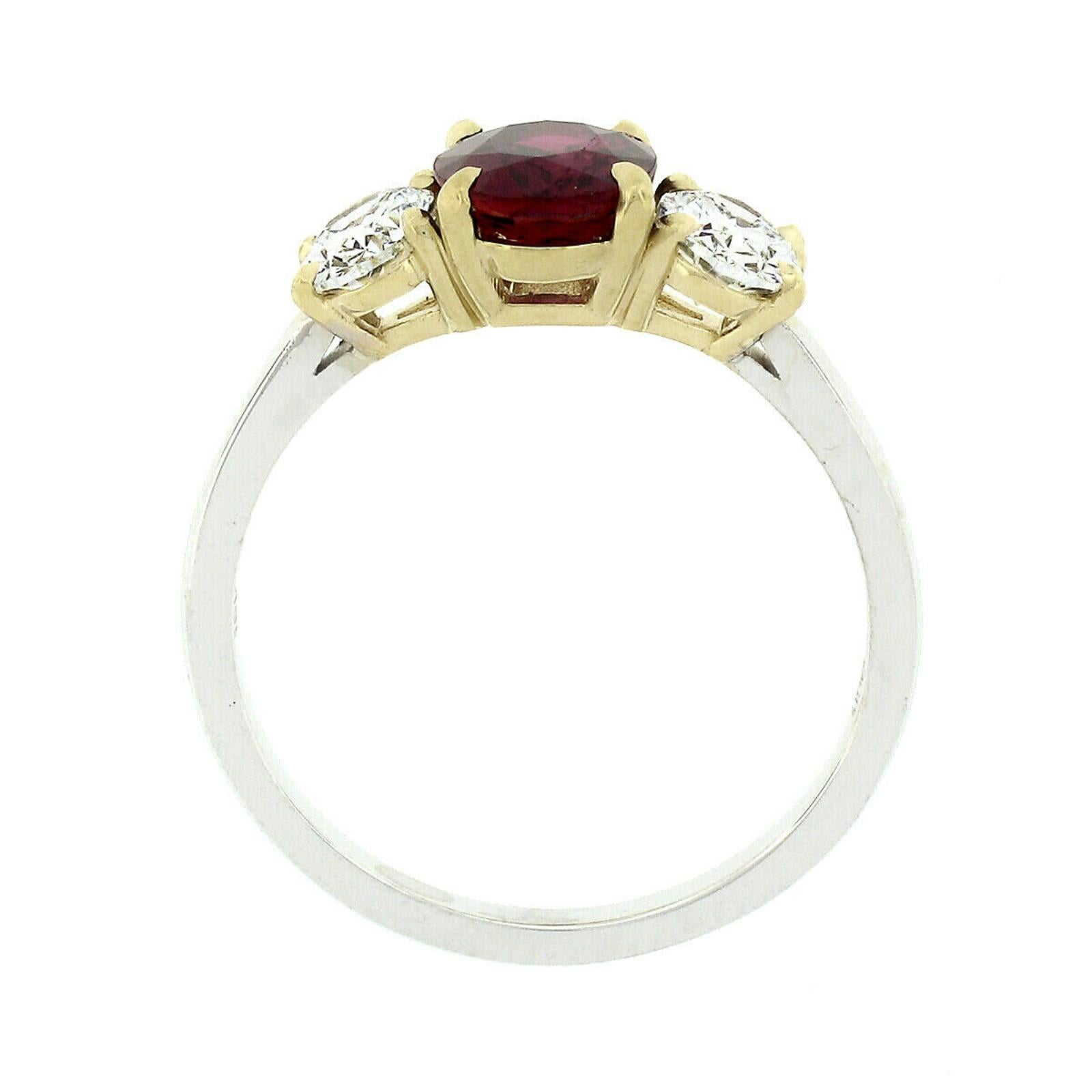 Oval Cut 18 Karat Gold GIA Fine Vivid Red Oval Ruby and Diamond Three-Stone Ring For Sale
