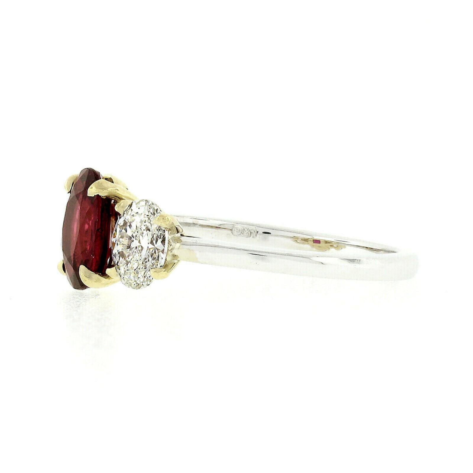 18 Karat Gold GIA Fine Vivid Red Oval Ruby and Diamond Three-Stone Ring In New Condition For Sale In Montclair, NJ