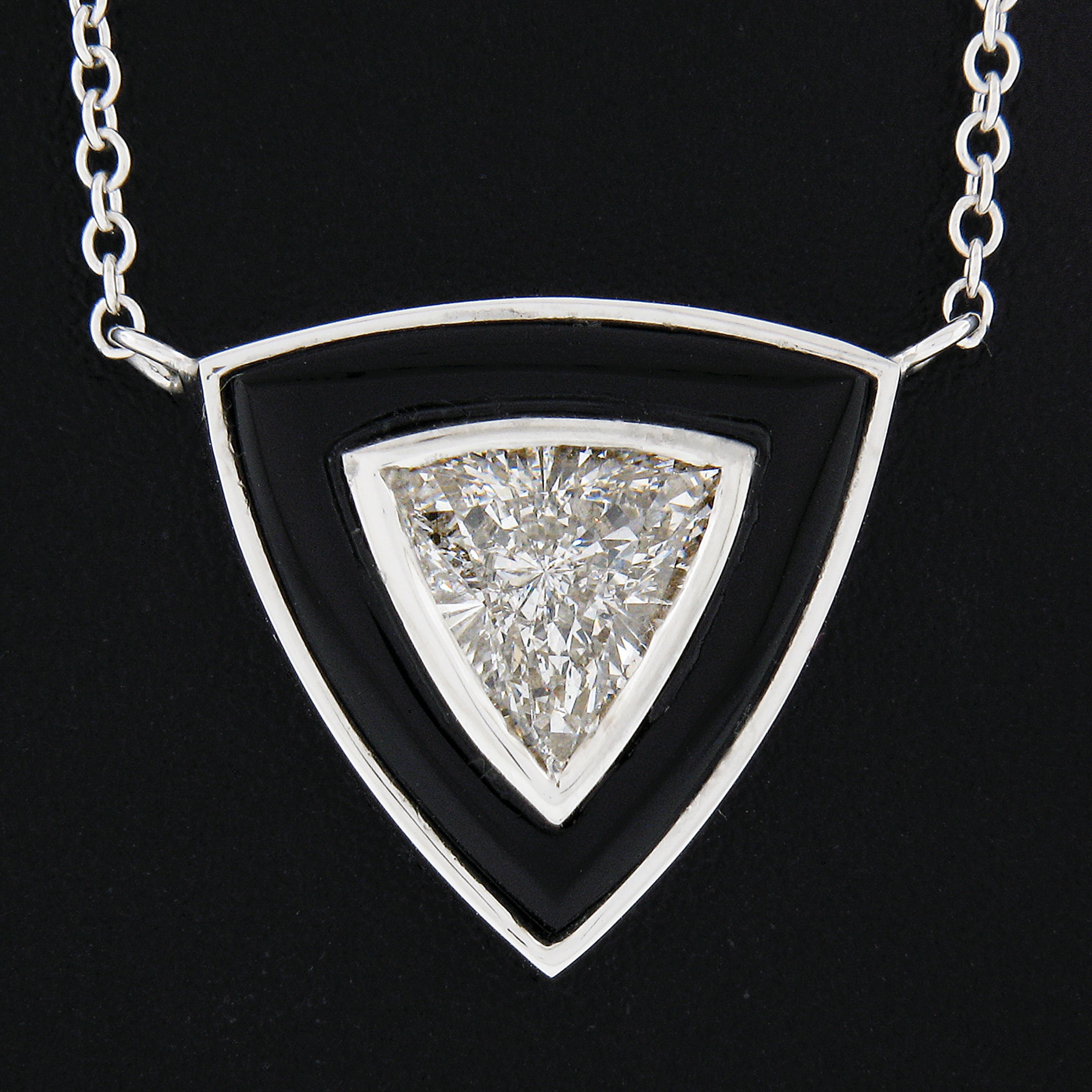 Trillion Cut NEW 18K Gold GIA Trillion Diamond Black Onyx Triangle Solitaire Pendant Necklace For Sale