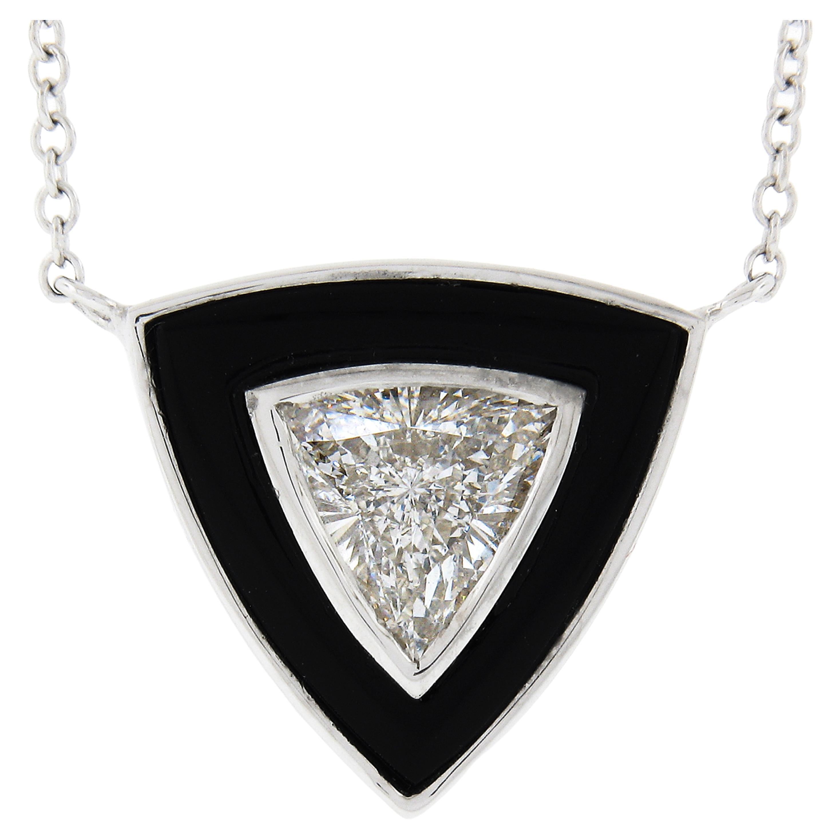 NEW 18K Gold GIA Trillion Diamond Black Onyx Triangle Solitaire Pendant Necklace For Sale