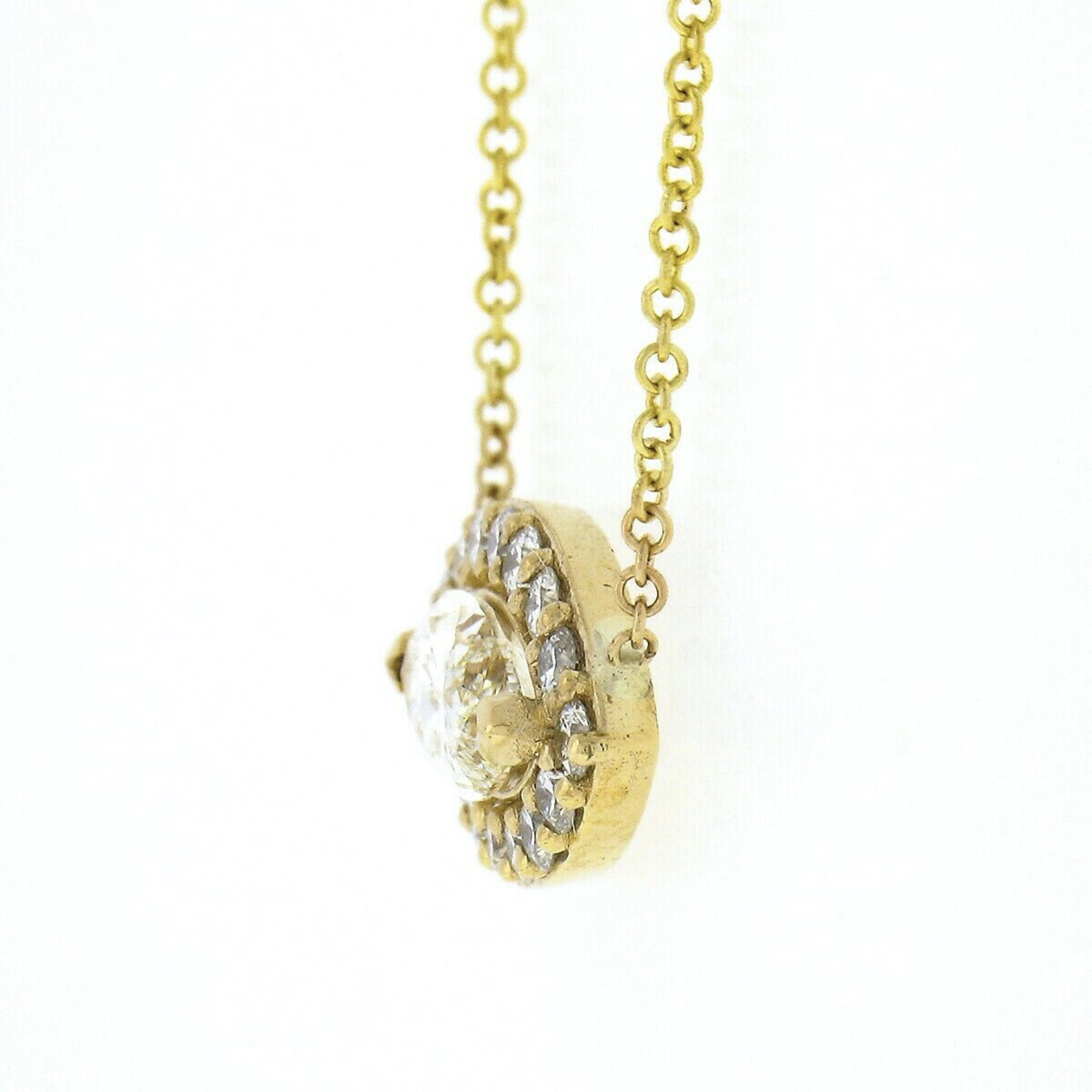 Women's New 18K Gold Marquise Diamond W/ Halo Eye Pendant & Adjustable Chain Necklace For Sale