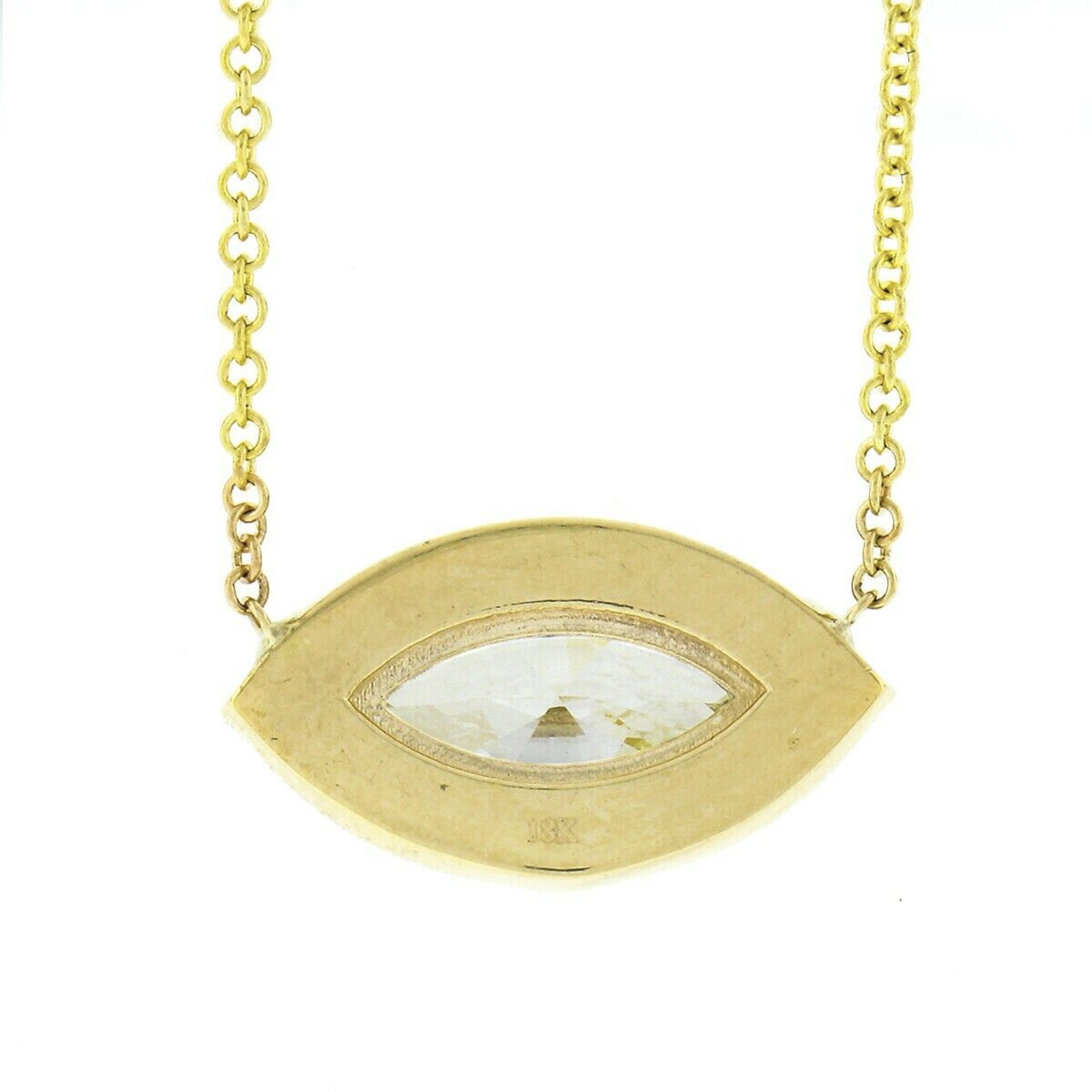 New 18K Gold Marquise Diamond W/ Halo Eye Pendant & Adjustable Chain Necklace For Sale 1