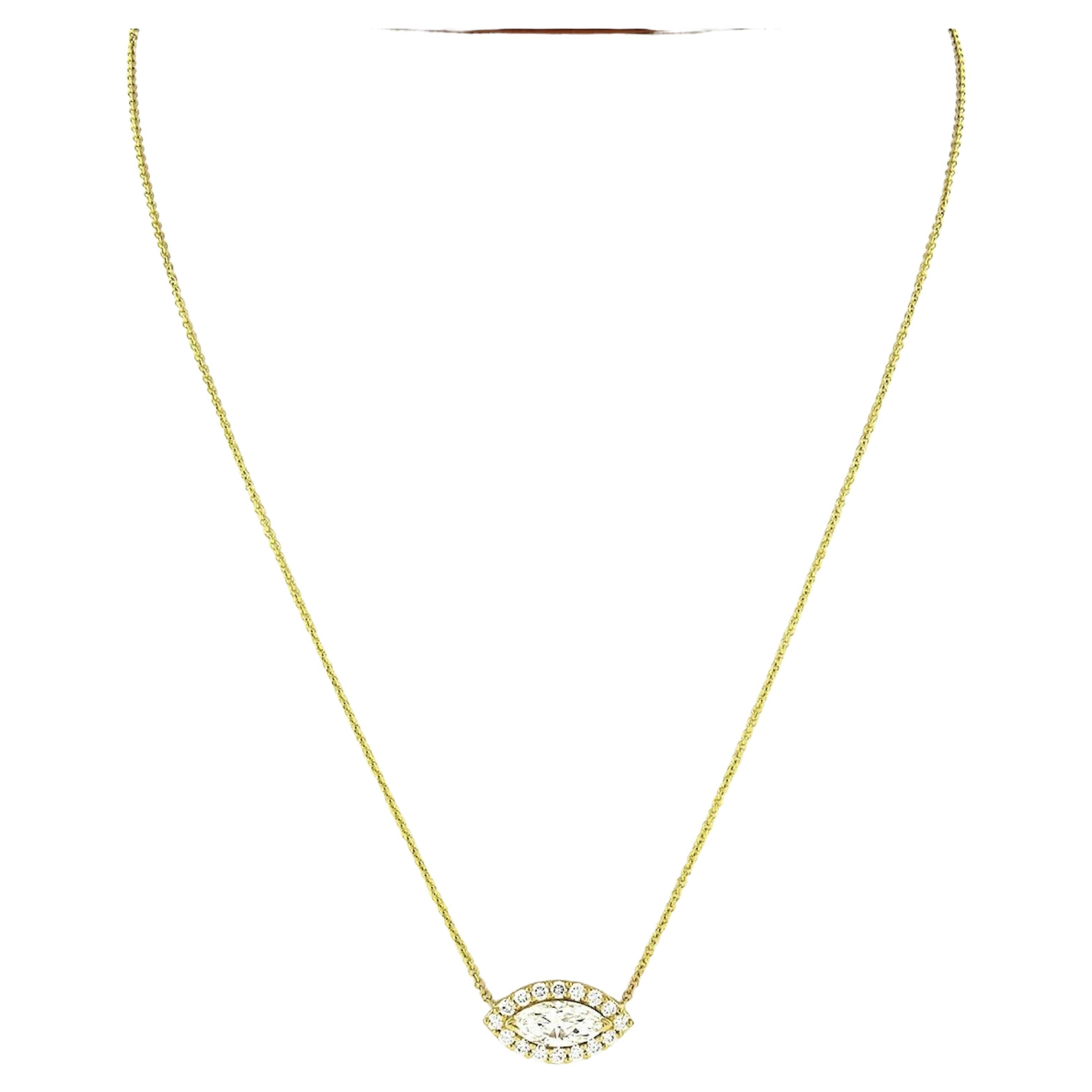 New 18K Gold Marquise Diamond W/ Halo Eye Pendant & Adjustable Chain Necklace