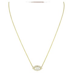 New 18K Gold Marquise Diamond W/ Halo Eye Pendant & Adjustable Chain Necklace