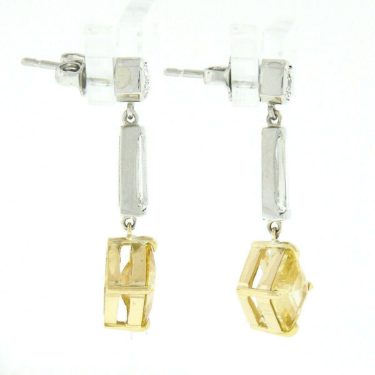 Octagon Cut New 18k Gold Platinum GIA Ceylon Yellow Sapphire w/ Diamond Drop Dangle Earrings For Sale