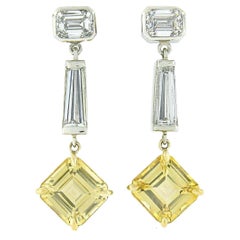 Pendants d'oreilles en or 18 carats, platine, saphir jaune de Ceylan certifié GIA et diamants