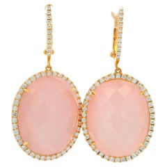 New 18k Rosy Yellow Gold Oval Rose Quartz & Diamond Halo Dangle Drop Earrings–St