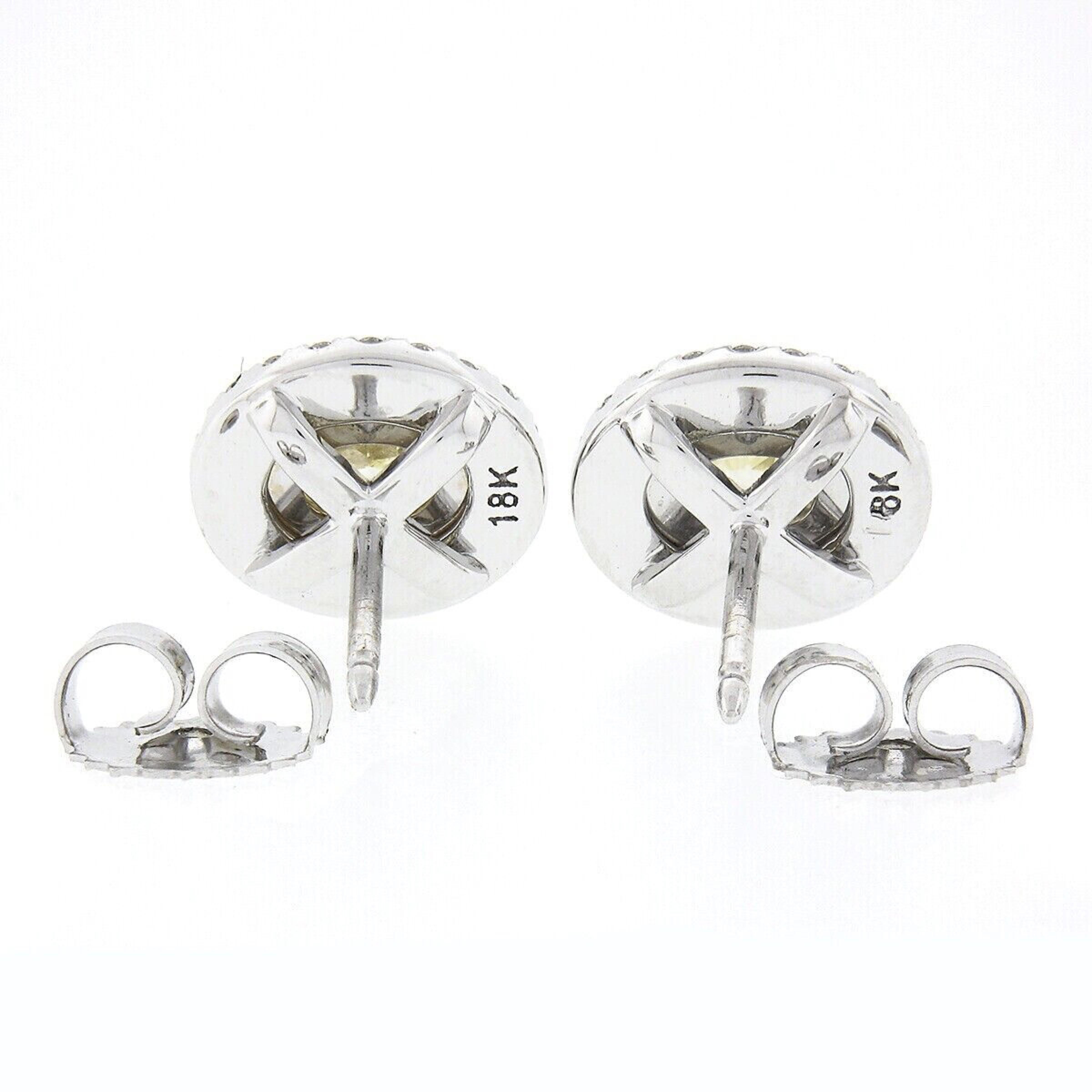 Oval Cut New 18K TT Gold 1.0ctw Fancy Yellow & White Diamond Dual Halo Oval Stud Earrings For Sale