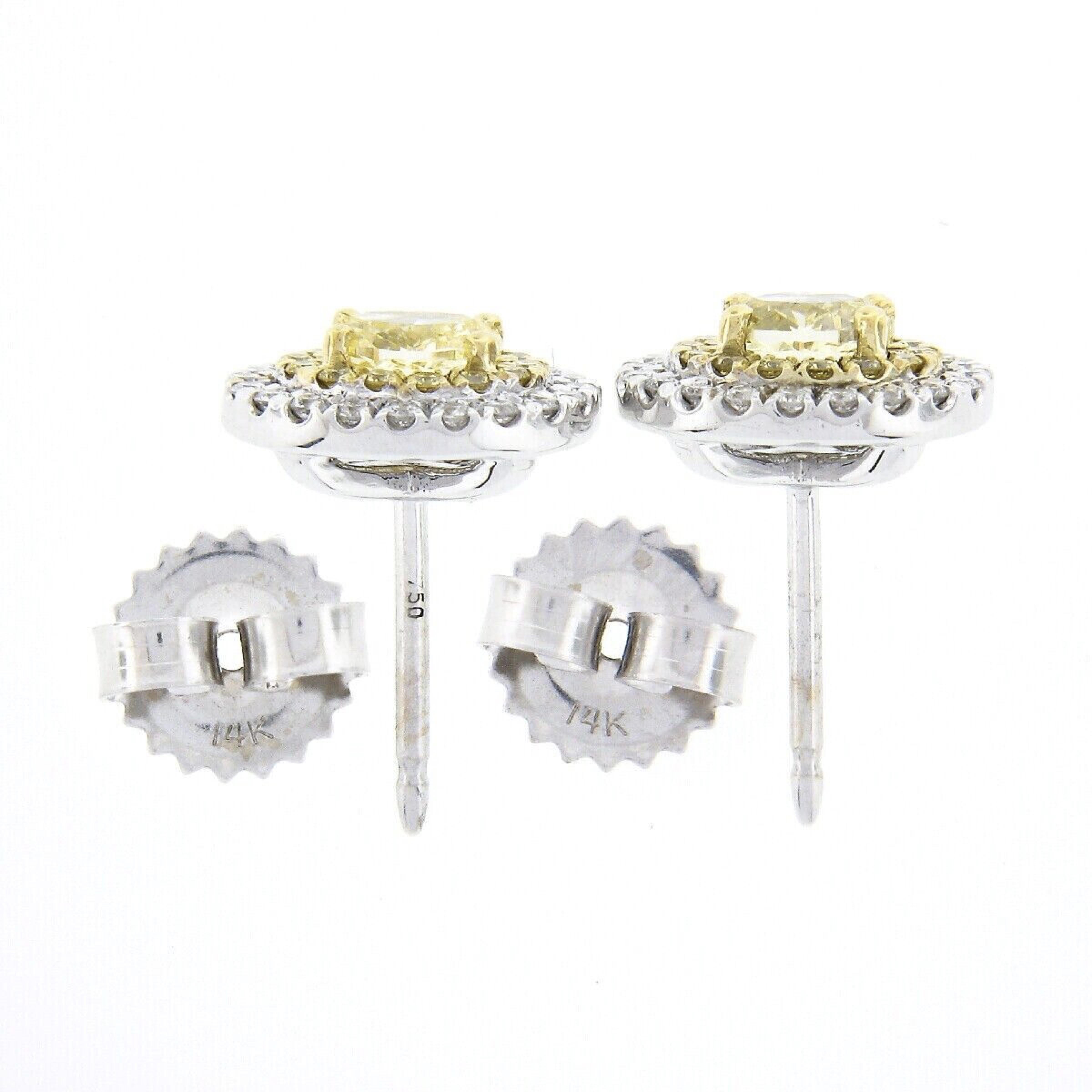 New 18K TT Gold 1.0ctw Fancy Yellow & White Diamond Dual Halo Oval Stud Earrings In New Condition For Sale In Montclair, NJ