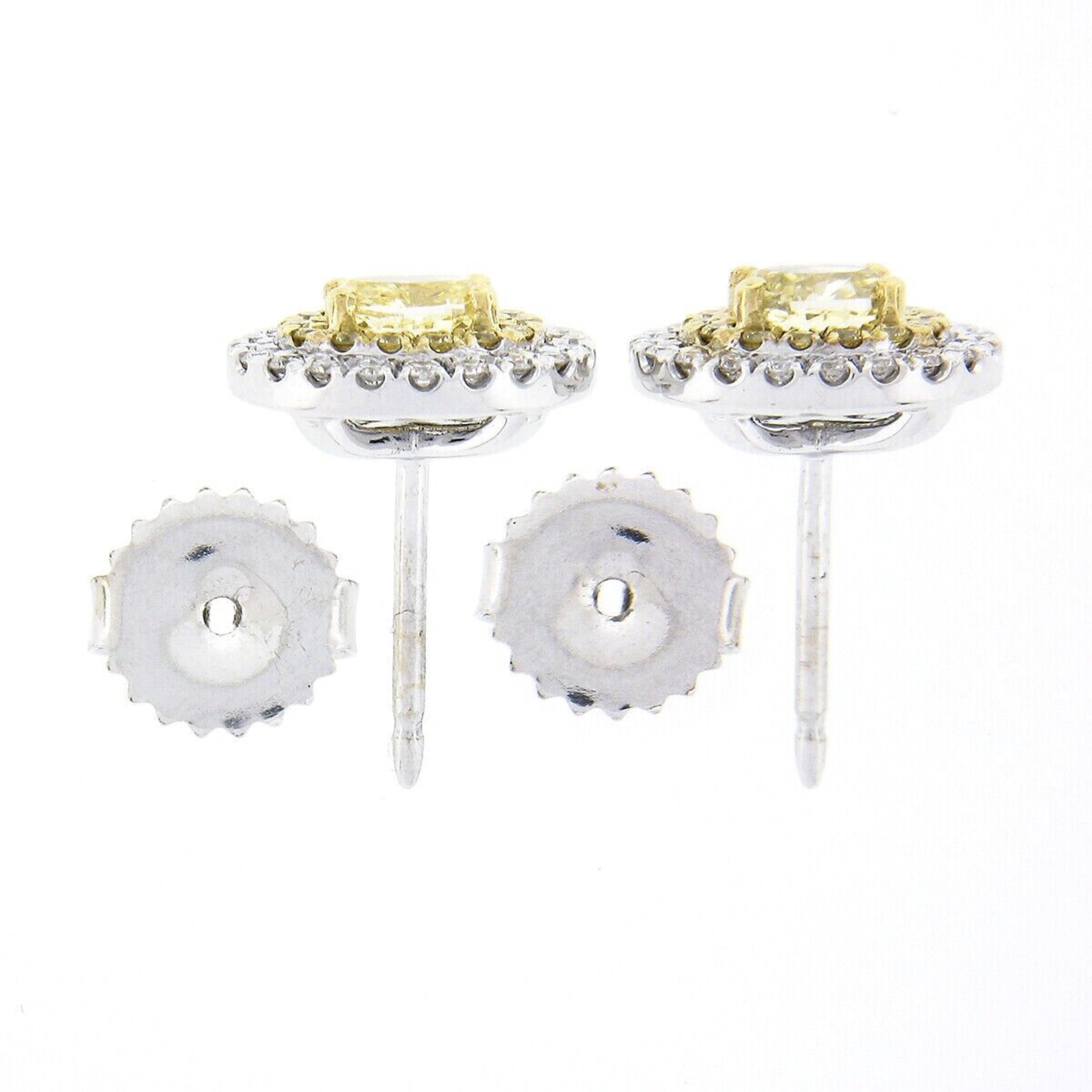 Women's New 18K TT Gold 1.0ctw Fancy Yellow & White Diamond Dual Halo Oval Stud Earrings For Sale