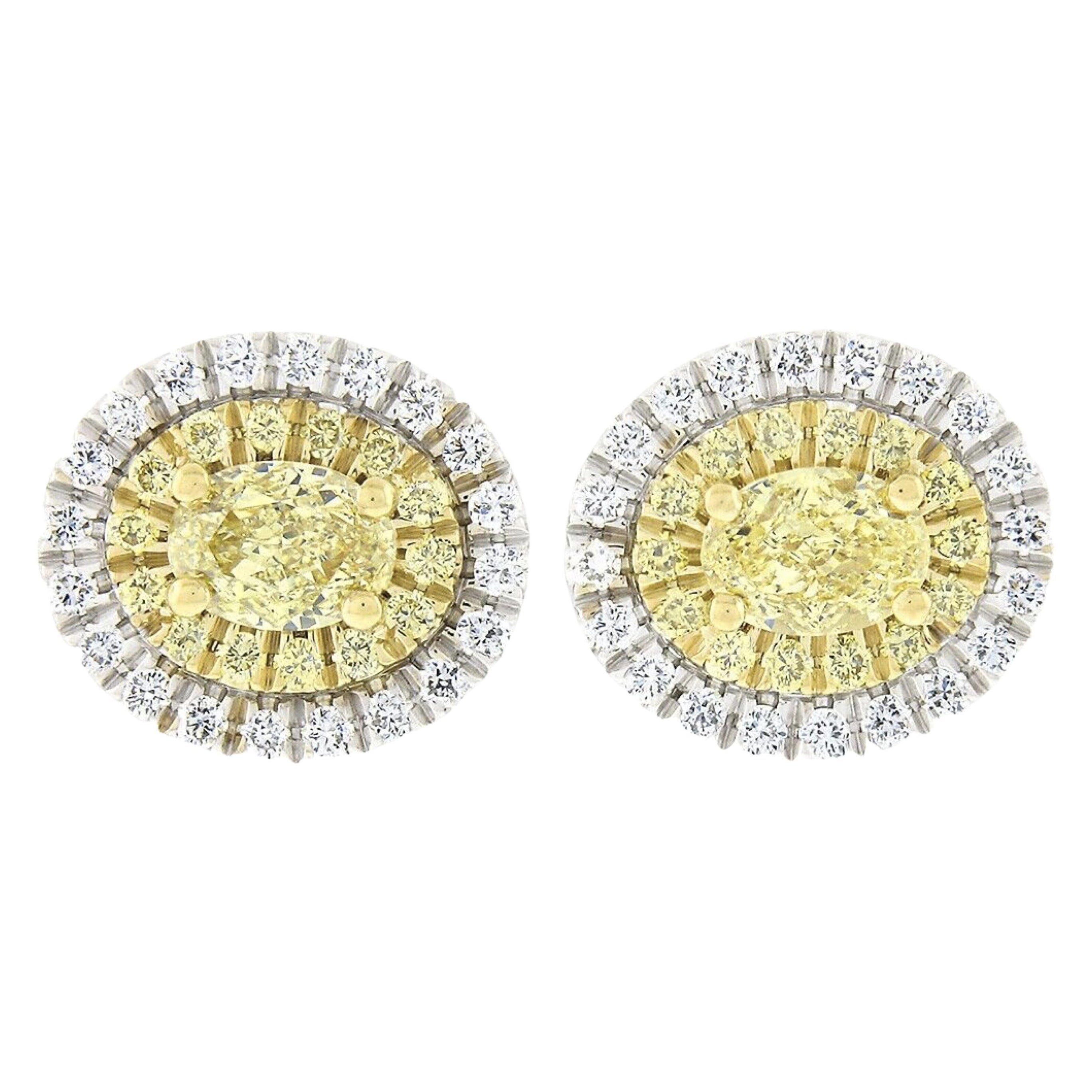 Nuevo Pendientes de oro TT de 18 quilates con doble halo ovalado de diamantes amarillos y blancos de 1,0 ctw