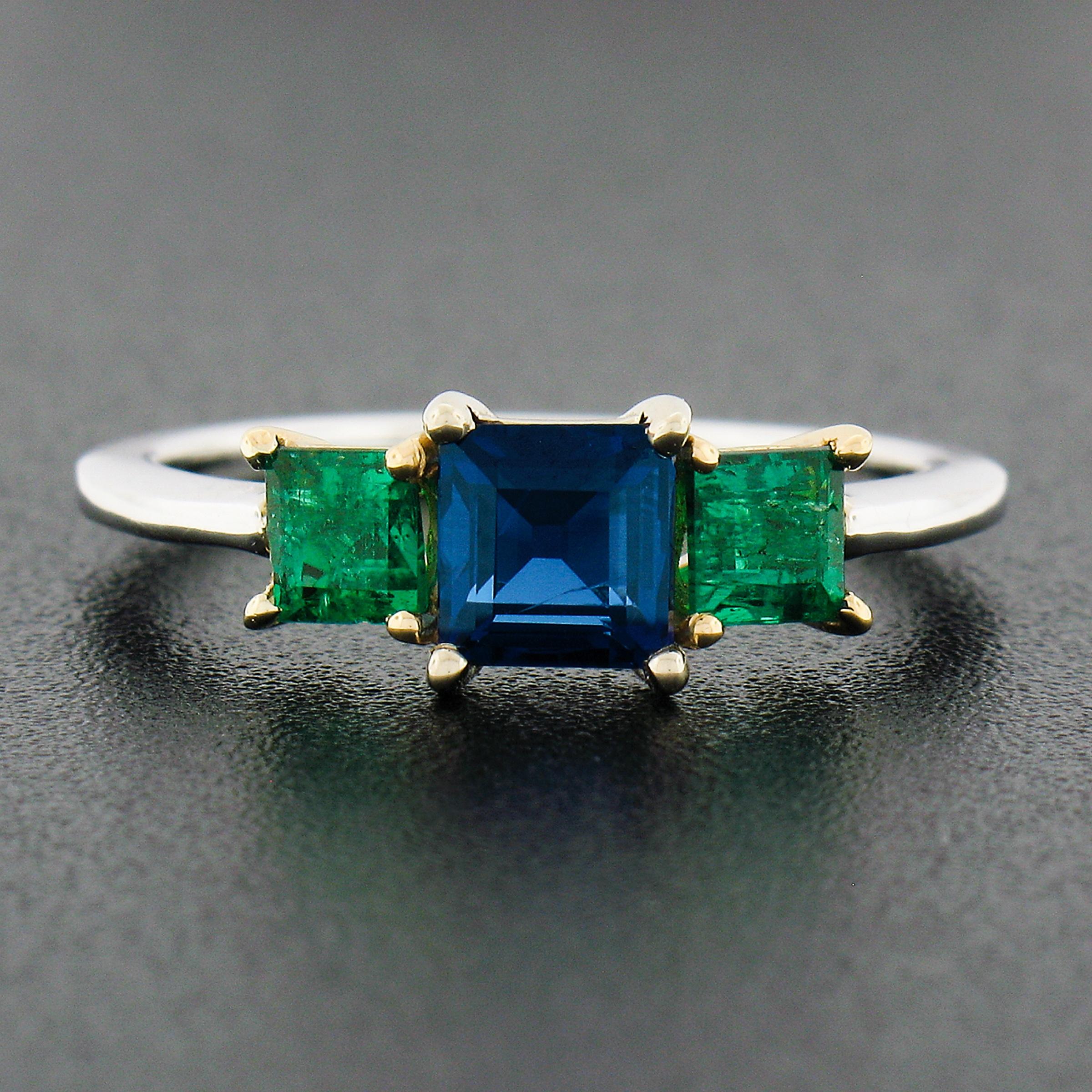Square Cut NEW 18k TT Gold 1.40ct GIA Square Step Cut Sapphire & Emerald Three 3 Stone Ring For Sale