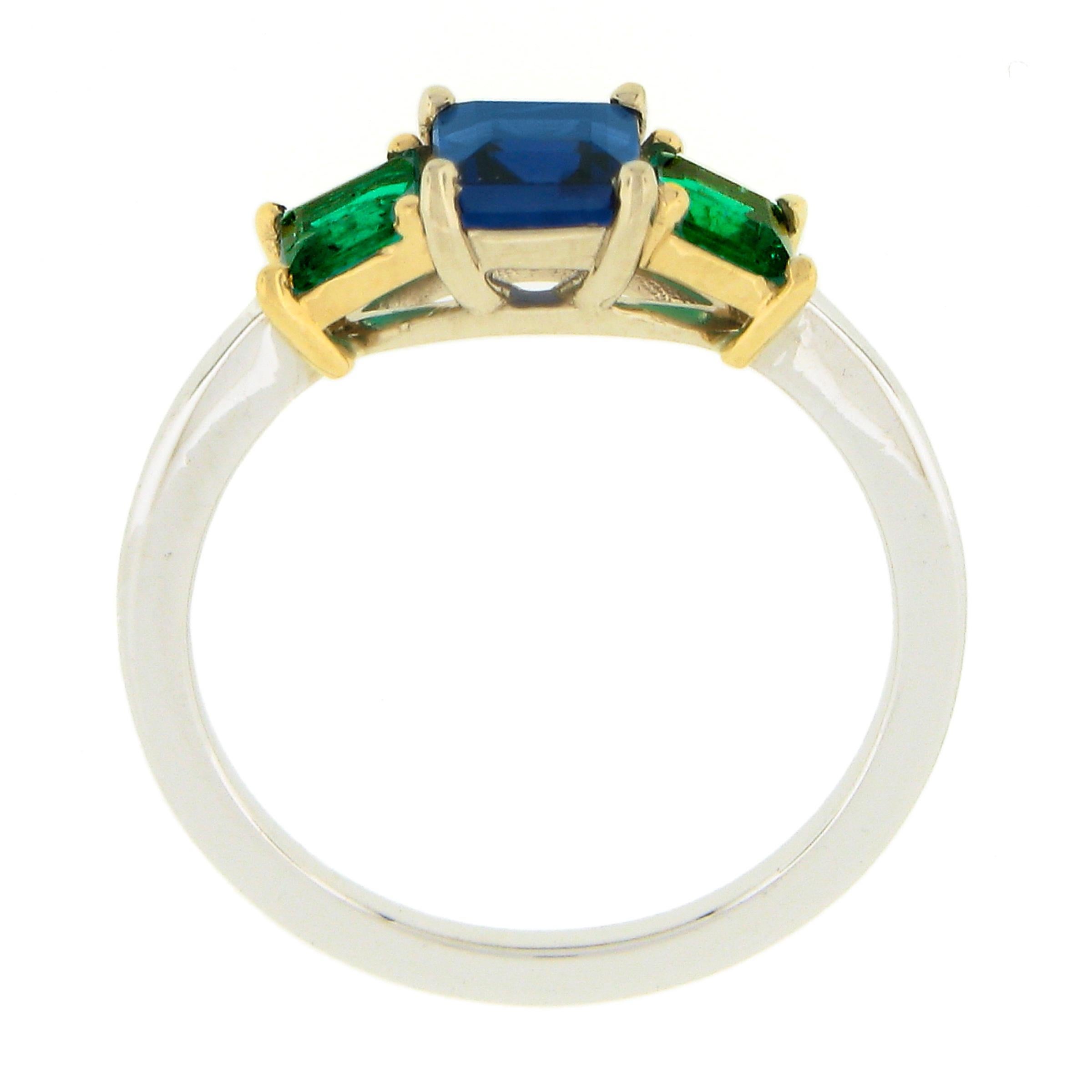 Women's NEW 18k TT Gold 1.40ct GIA Square Step Cut Sapphire & Emerald Three 3 Stone Ring For Sale