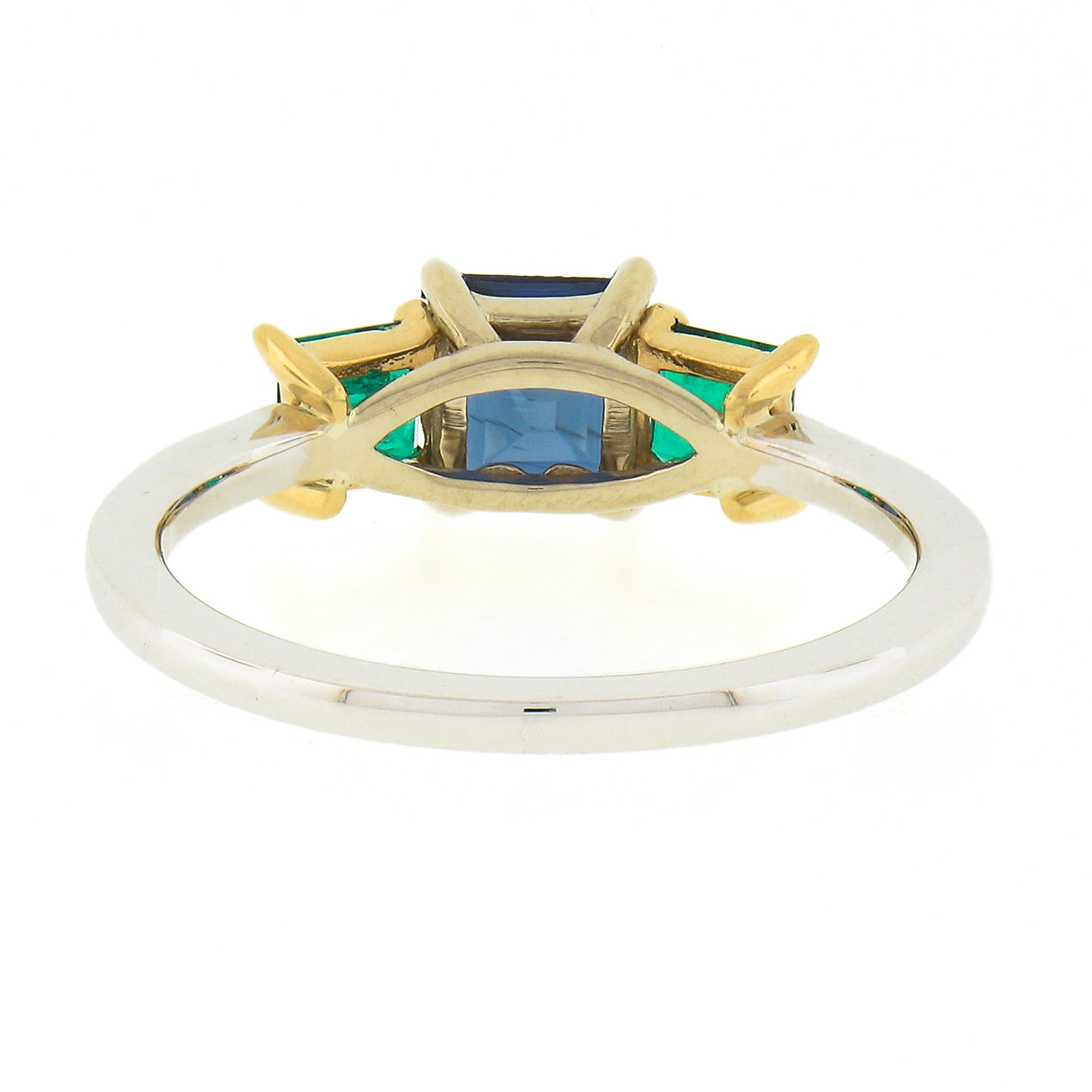NEW 18k TT Gold 1.40ct GIA Square Step Cut Sapphire & Emerald Three 3 Stone Ring For Sale 1