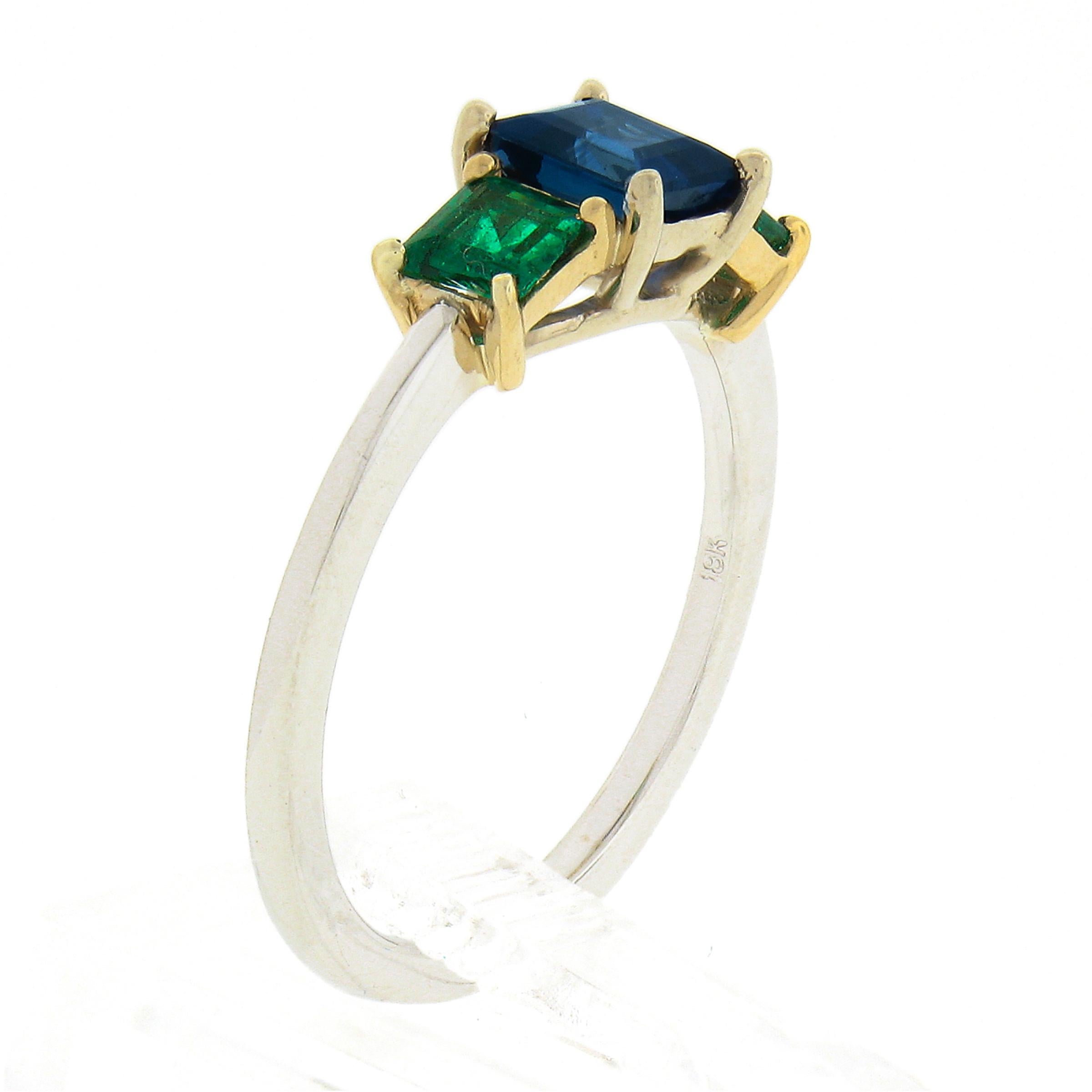 NEW 18k TT Gold 1.40ct GIA Square Step Cut Sapphire & Emerald Three 3 Stone Ring For Sale 2
