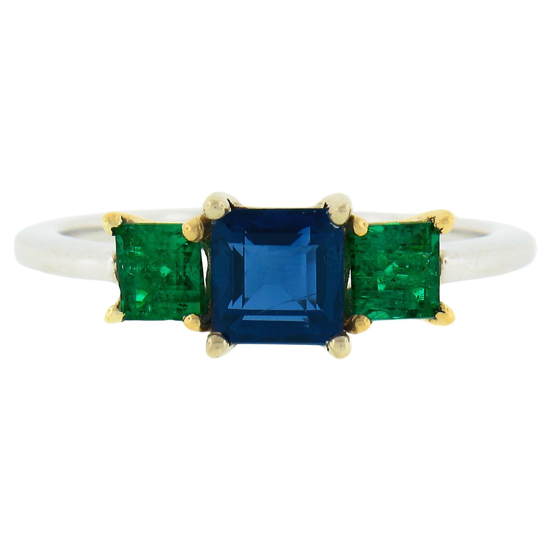 NEW 18k TT Gold 1.40ct GIA Square Step Cut Sapphire & Emerald Three 3 Stone Ring For Sale