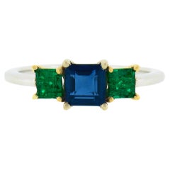 Used NEW 18k TT Gold 1.40ct GIA Square Step Cut Sapphire & Emerald Three 3 Stone Ring