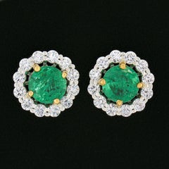 New 18k TT Gold 2.40ctw Round Brilliante Emerald W/ Diamond Halo Stud Earrings (orecchini a perno)