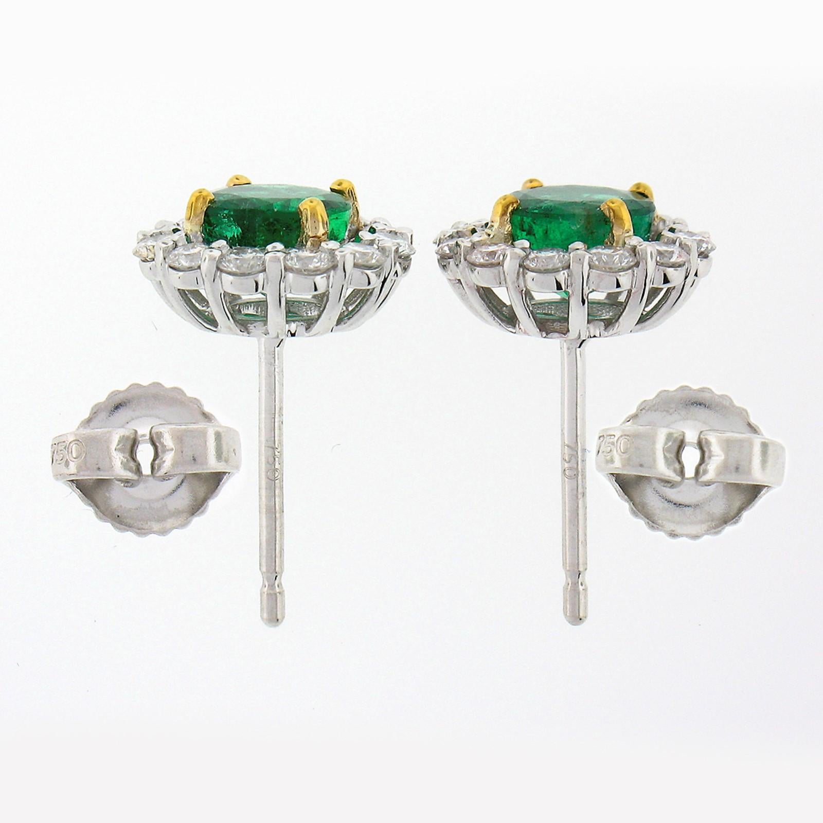 New 18k TT Gold 2.40ctw Round Brilliant Emerald W/ Diamond Halo Stud Earrings In New Condition For Sale In Montclair, NJ