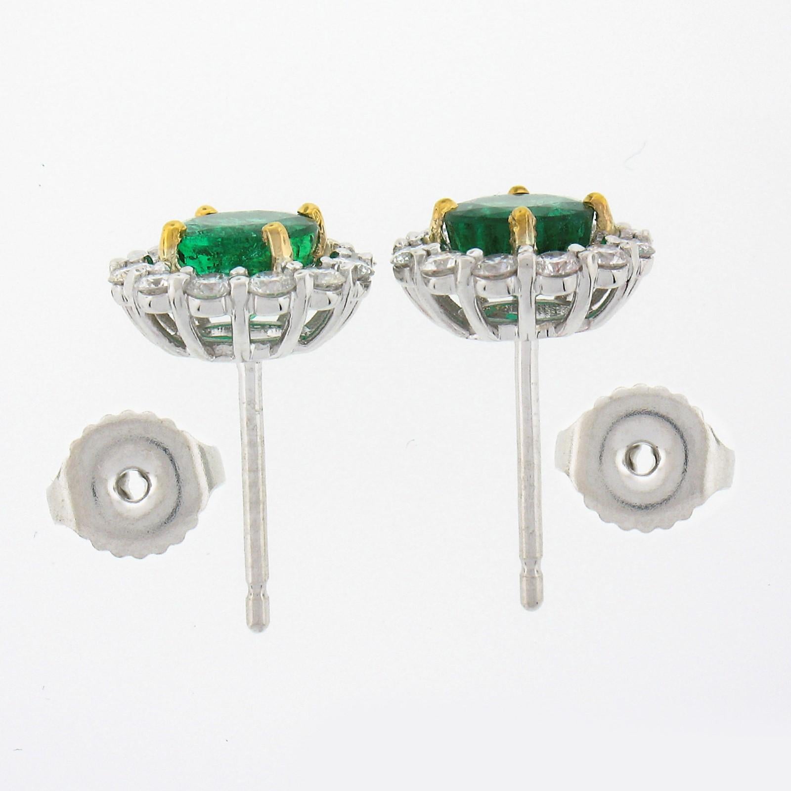 Women's New 18k TT Gold 2.40ctw Round Brilliant Emerald W/ Diamond Halo Stud Earrings For Sale