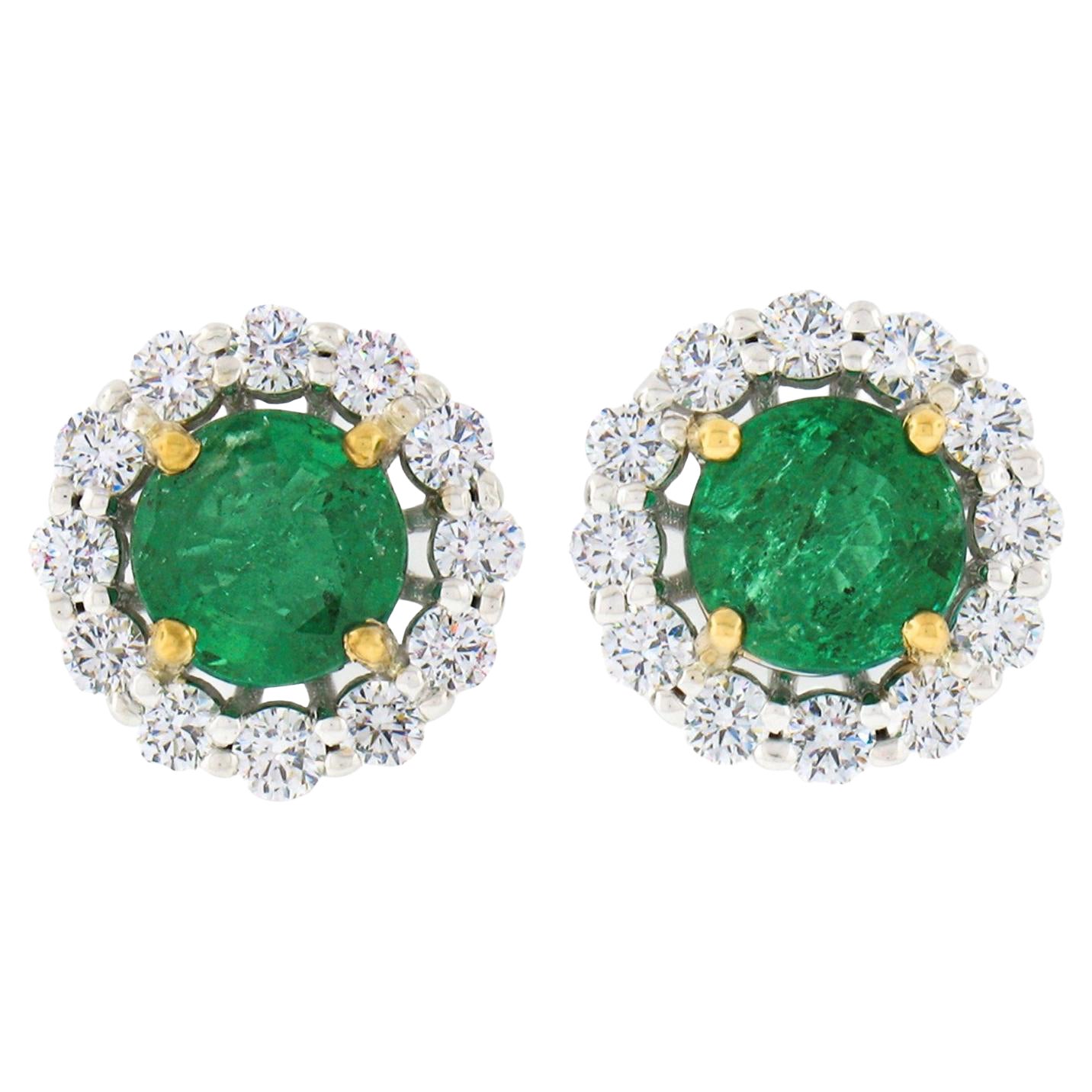 New 18k TT Gold 2.40ctw Round Brilliant Emerald W/ Diamond Halo Stud Earrings For Sale