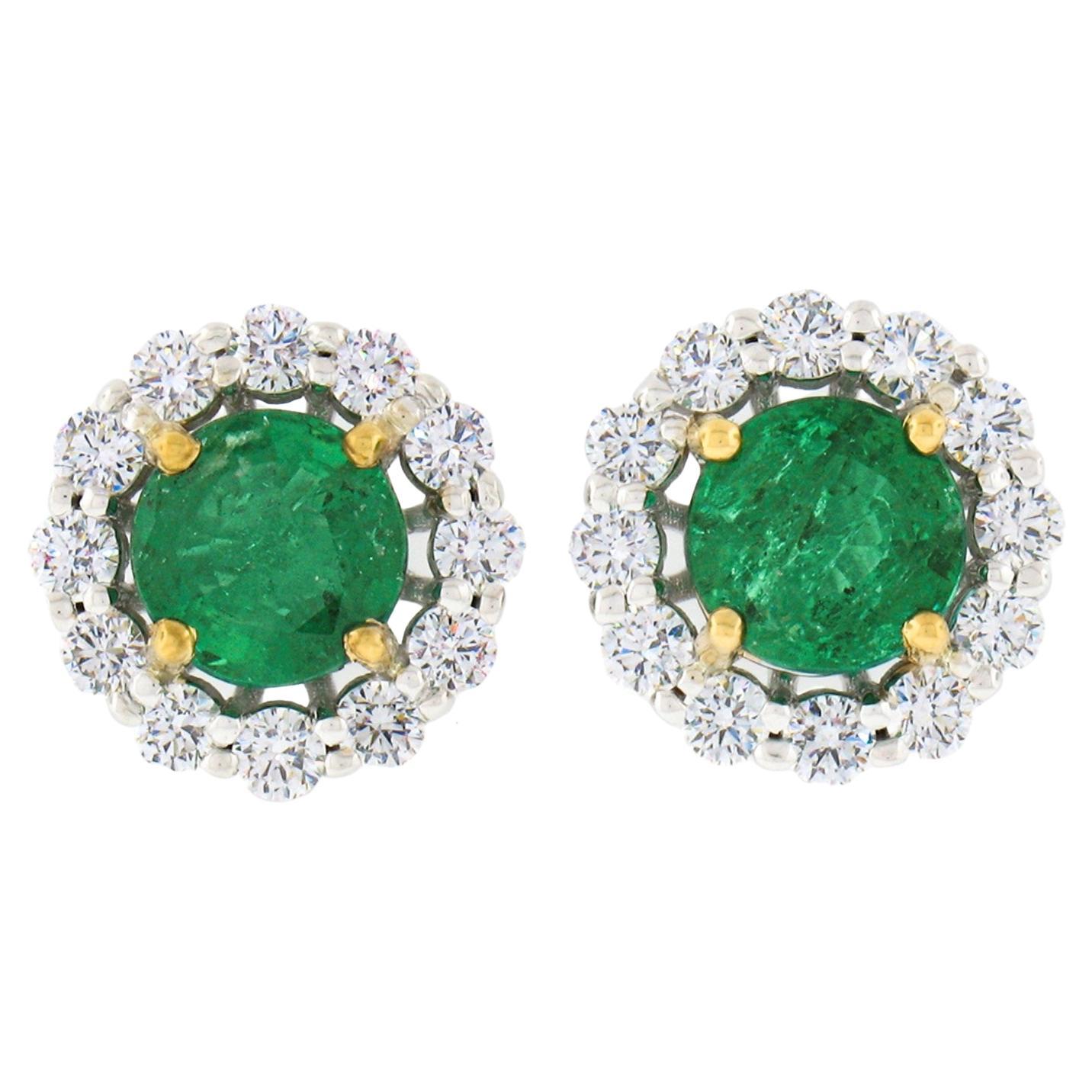 New 18k TT Gold 2.40ctw Round Brilliant Emerald W/ Diamond Halo Stud Earrings For Sale