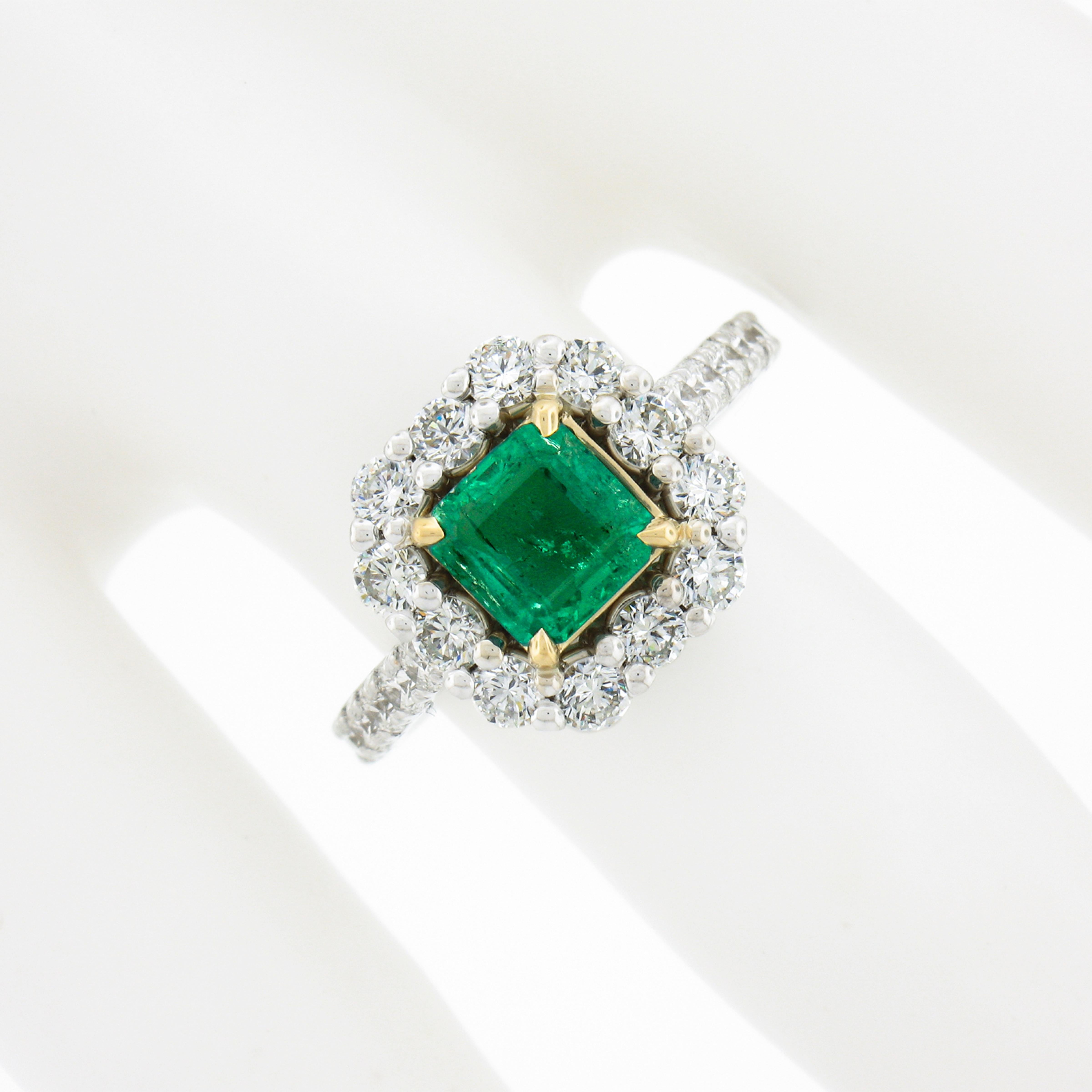 Octagon Cut New 18k TT Gold 2.51ctw GIA Colombia Green Emerald w/ Diamond Halo Cocktail Ring For Sale