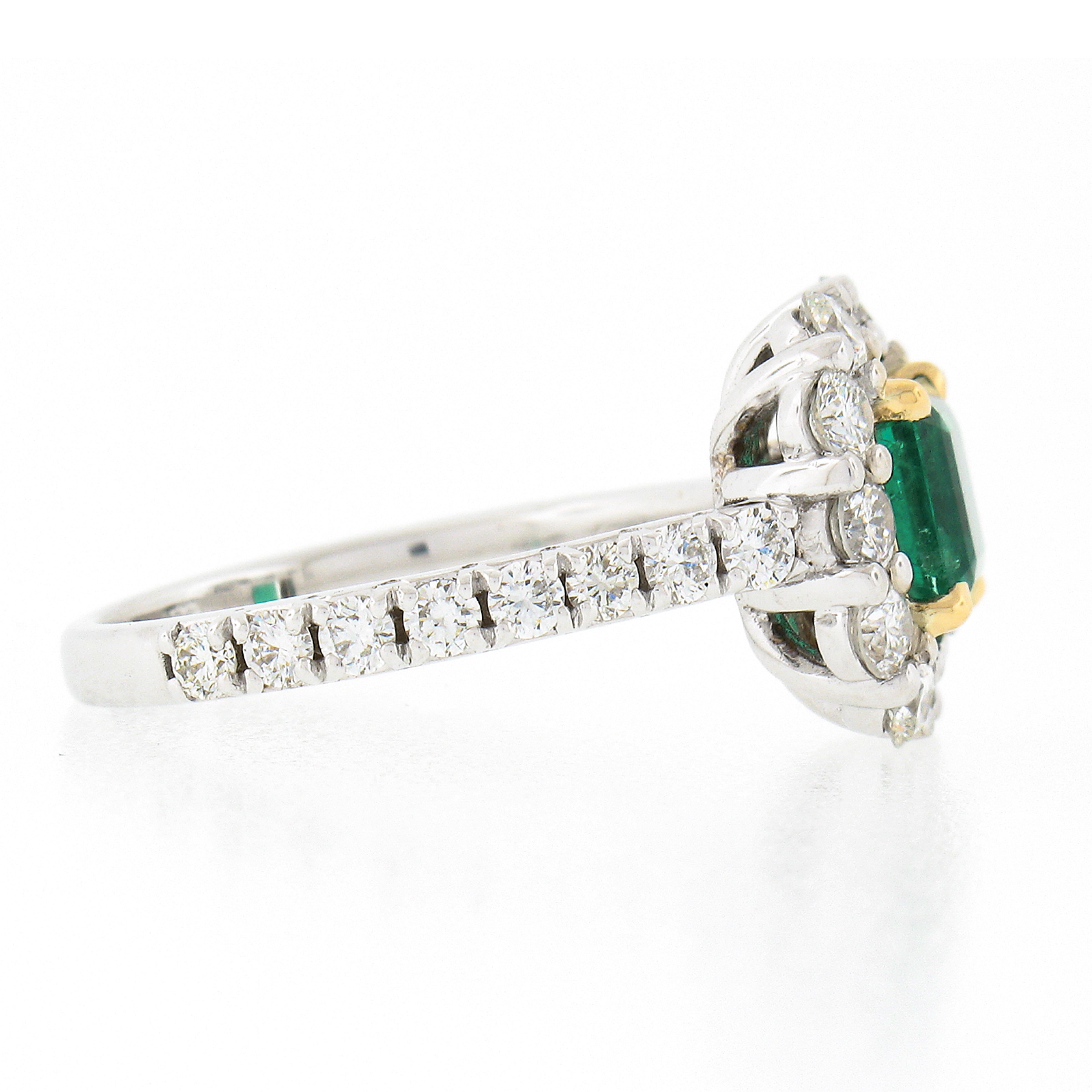 New 18k TT Gold 2.51ctw GIA Colombia Green Emerald w/ Diamond Halo Cocktail Ring In New Condition For Sale In Montclair, NJ