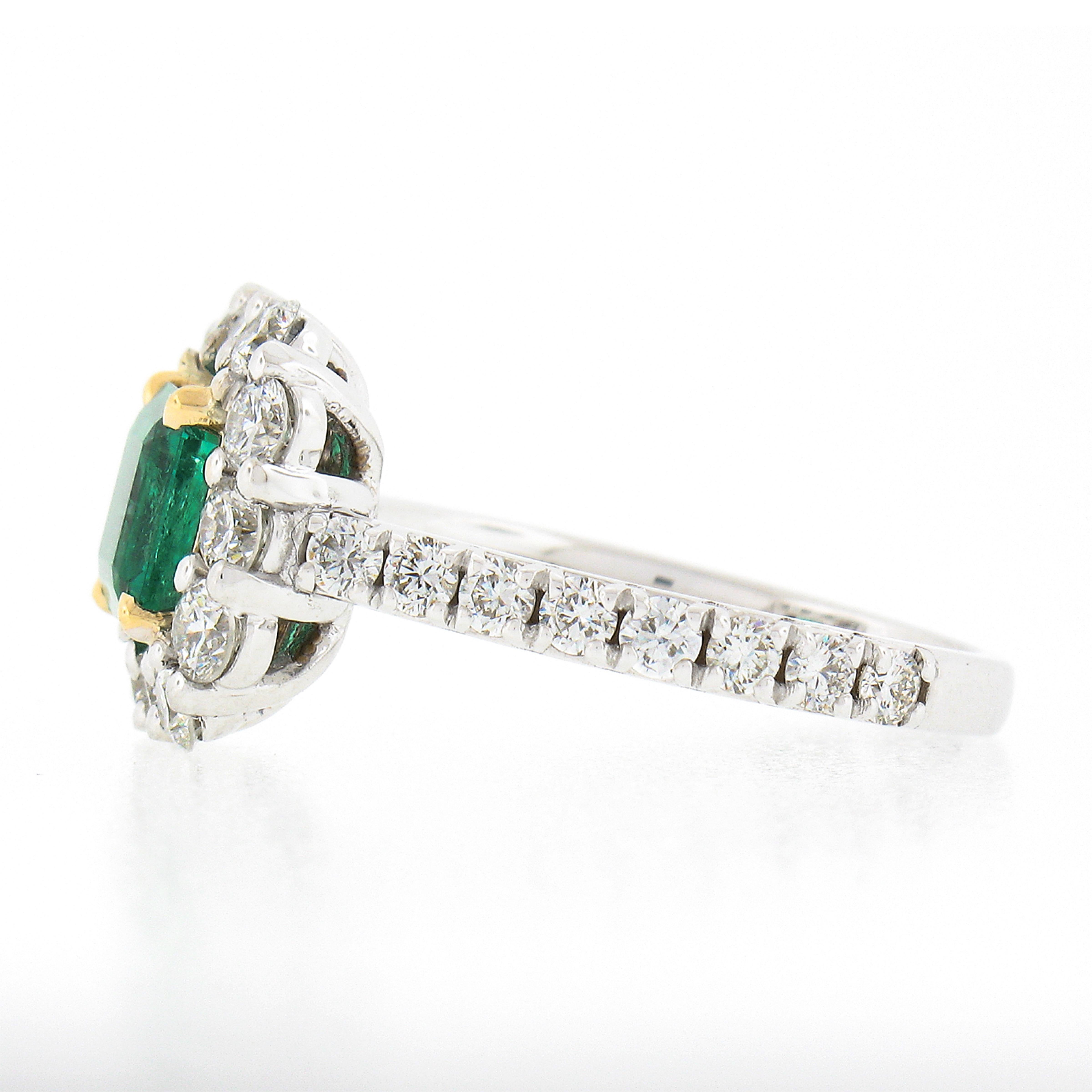 Women's New 18k TT Gold 2.51ctw GIA Colombia Green Emerald w/ Diamond Halo Cocktail Ring For Sale