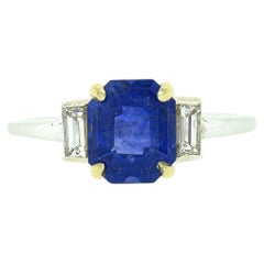 New 18K TT Gold GIA Ceylon Sapphire & Baguette Diamond 3 Stone Engagement Ring