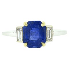 New 18K TT Gold GIA Ceylon Sapphire & Baguette Diamond 3 Stone Engagement Ring