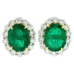 New 18K TT Gold Large 13.04ctw GIA Oval Emerald w/ Round Diamond Halo Earrings