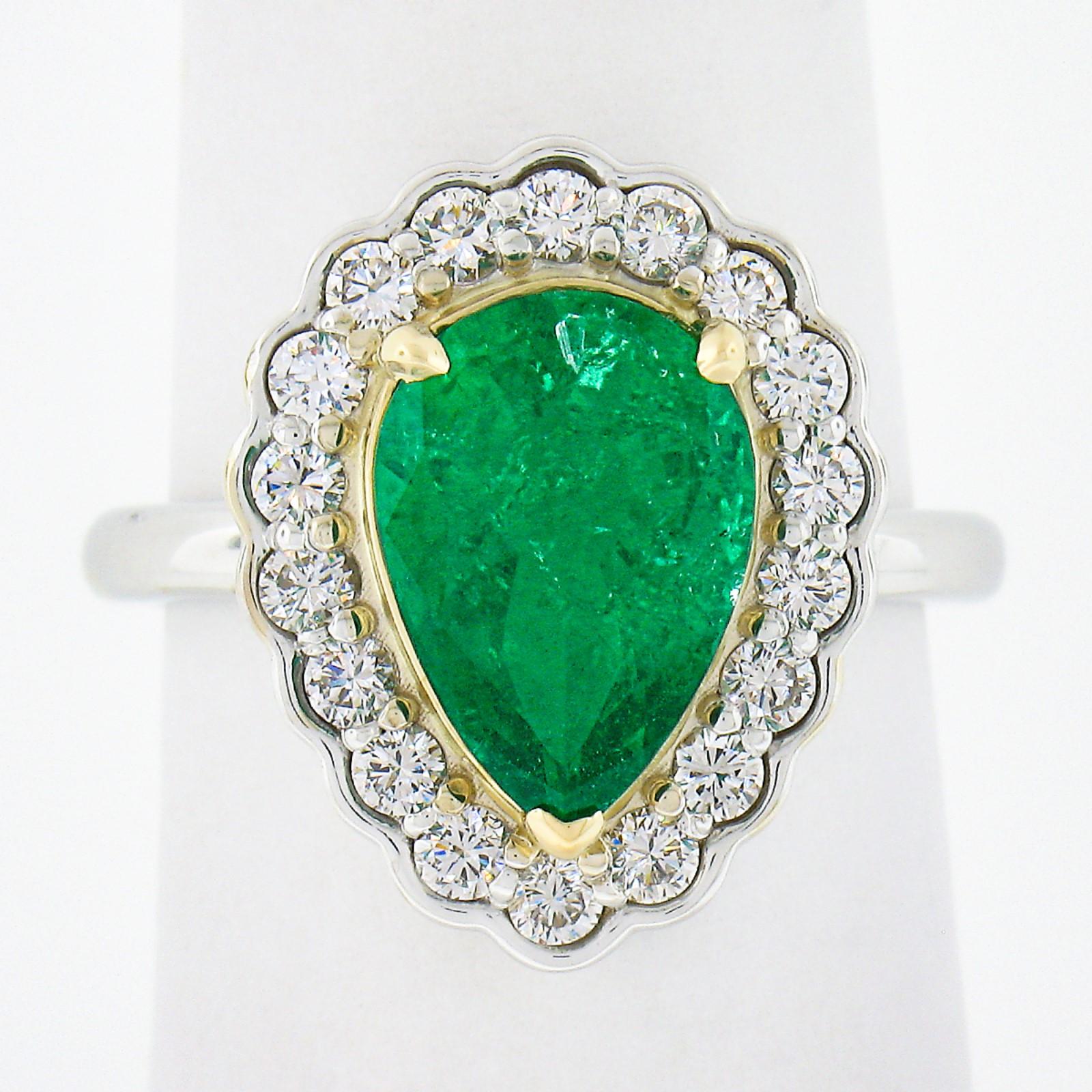 Pear Cut New 18k TT Gold SSEF Pear Emerald & Round Diamond Scalloped Halo Engagement Ring For Sale